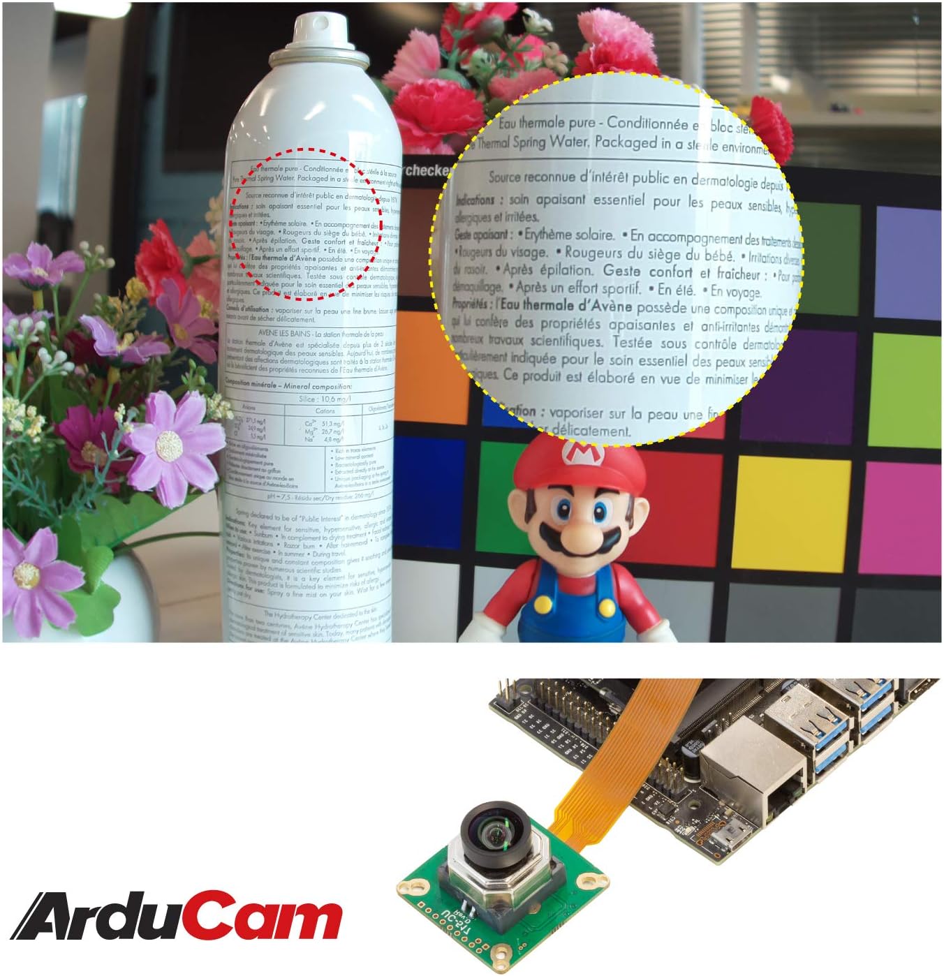 Example image demonstrating the camera's focus capabilities, showing clear text on a spray can and a Mario figurine