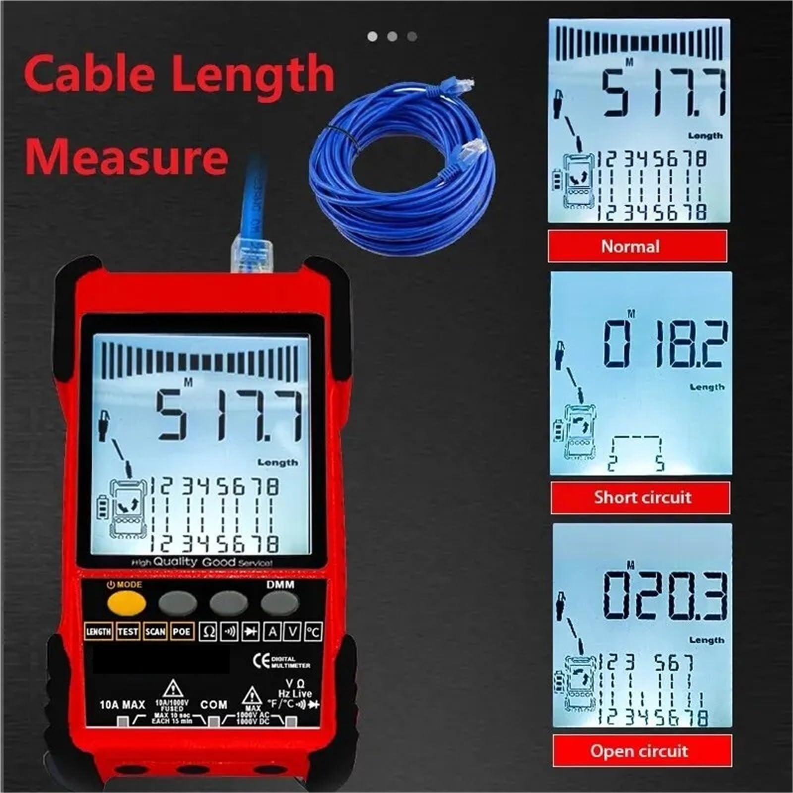 Tester for cavi di rete, multimetro, tracciamento LAN, test POE, misurazione lunghezza 400M/600M, sensibilità regolabile, linea Prove di trasmissione(Cable Tester+multimeter)