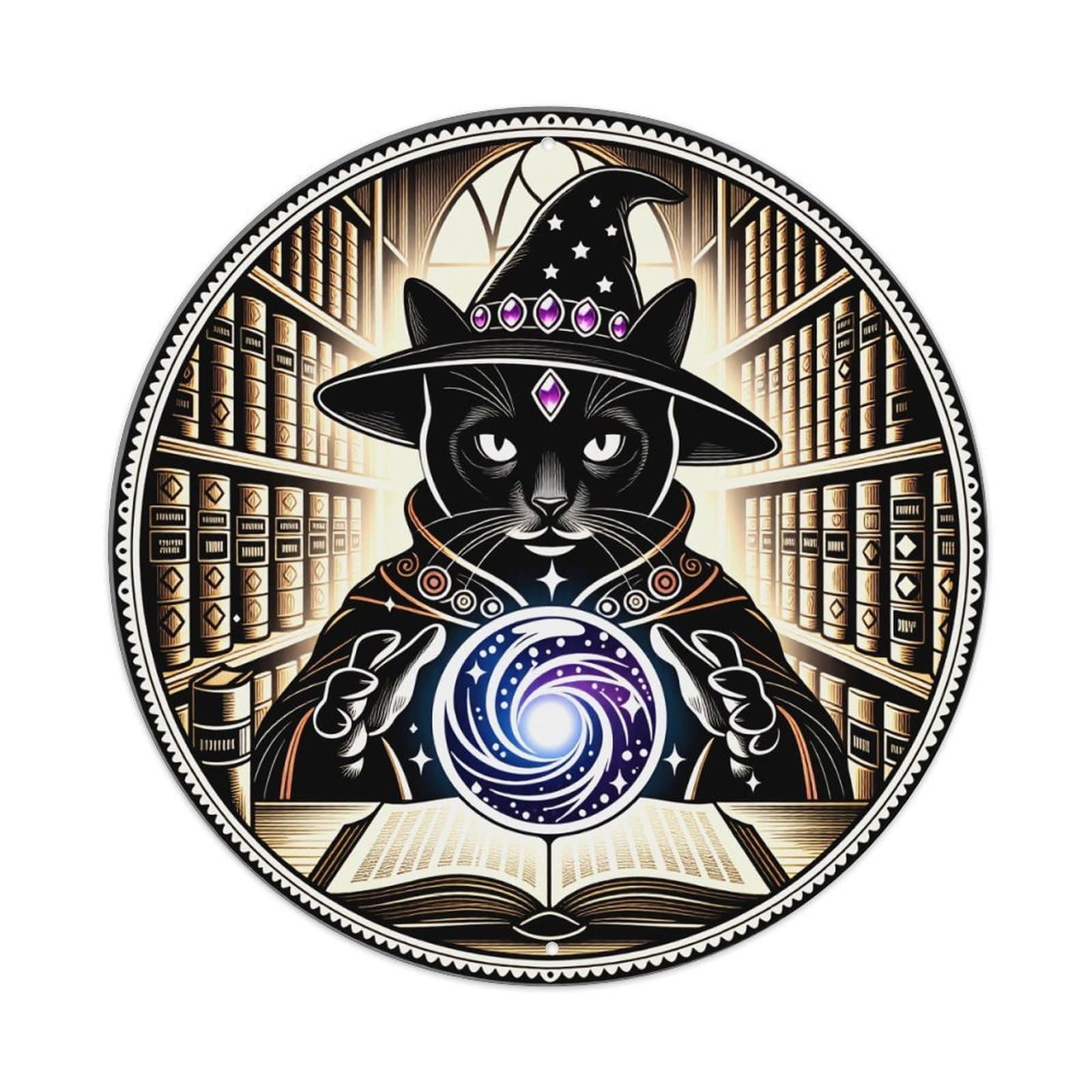 Mystic Cat Wizard Library Spiral Metal Tin Sign Vintage Garden Bedroom Cafe Bar Man Cave Home Wall Decor Metal Poster 8x8 inches