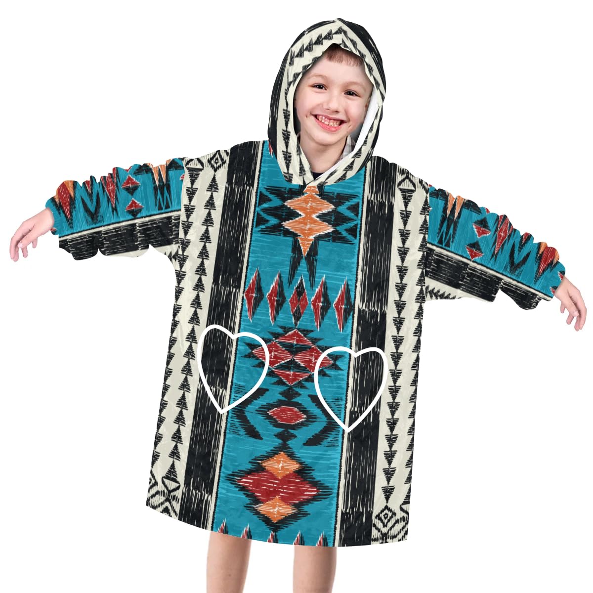 Wearable Blanket Hoodie for Kids, Aztec Fleece Sweatshirt Blanket Oversized Blanket Sweatshirt with Pocket Flannel Warm Hooded Blanket 6-10 Year Old Girl Boy Gift, One Size