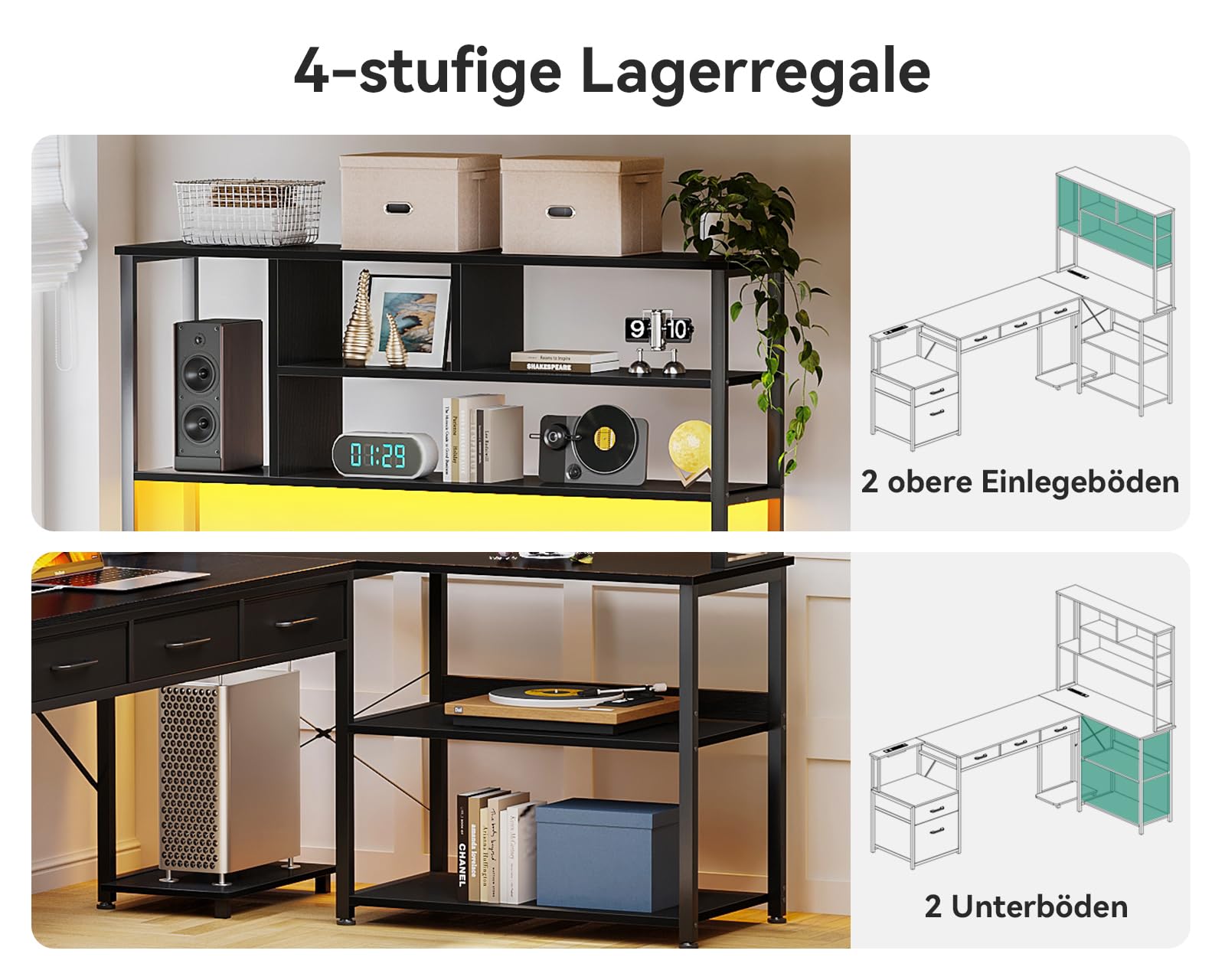 Coleshome Biurko Narożne z 5 Szufladami i 4 Półkami, 180×100×154.2 cm Biurko w Kształcie L z LED, Gniazdkami i USB, Duże Biurko do Pracy Zdalnej, Czarny