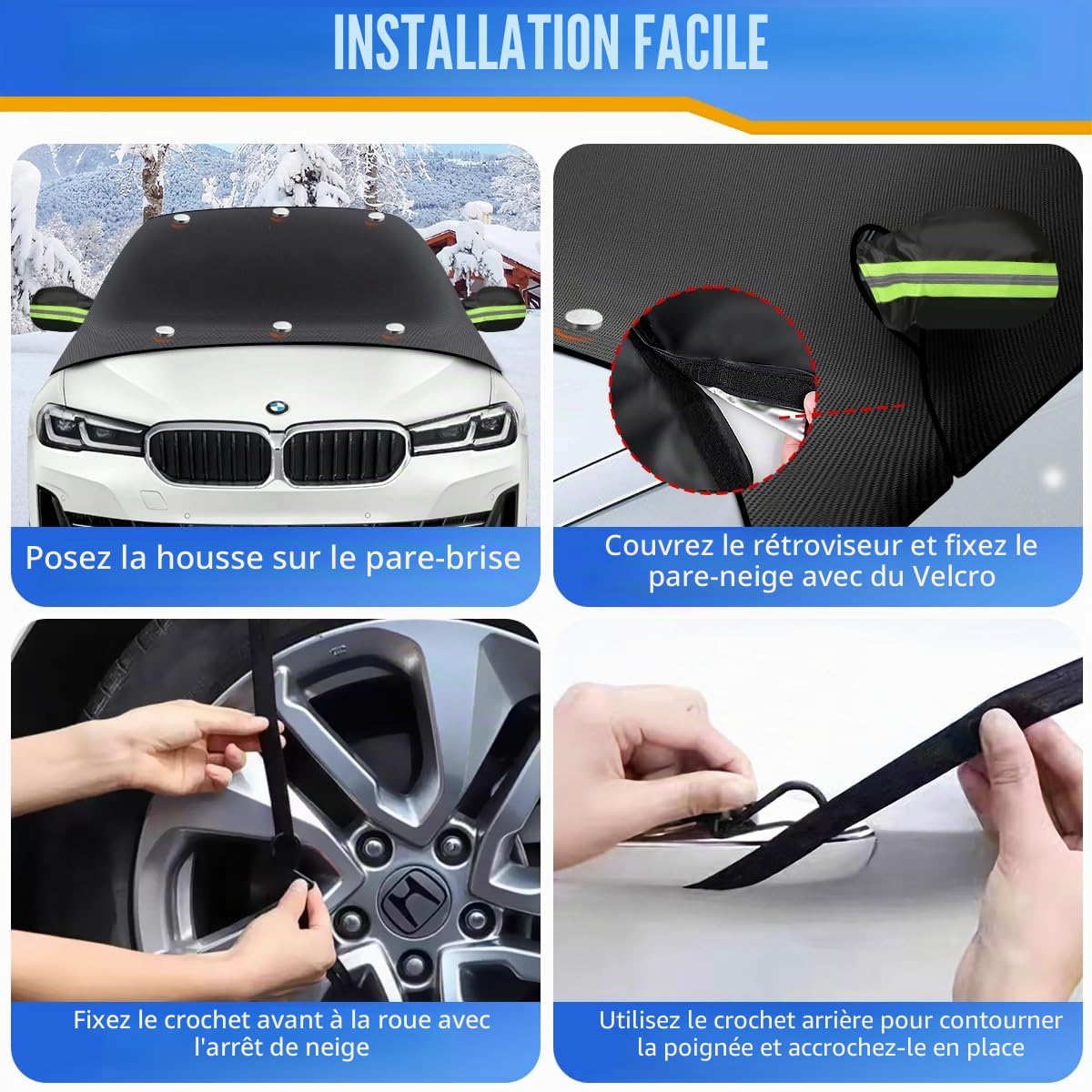 iZoeL Couverture Pare-Brise Voiture Grande Auto Couverture Magnétique avec Housse Protection de Rétroviseur Latéral Protection Hivernale Protège Contre Vent Neige Poussière Givre Soleil - 225 x 164 cm