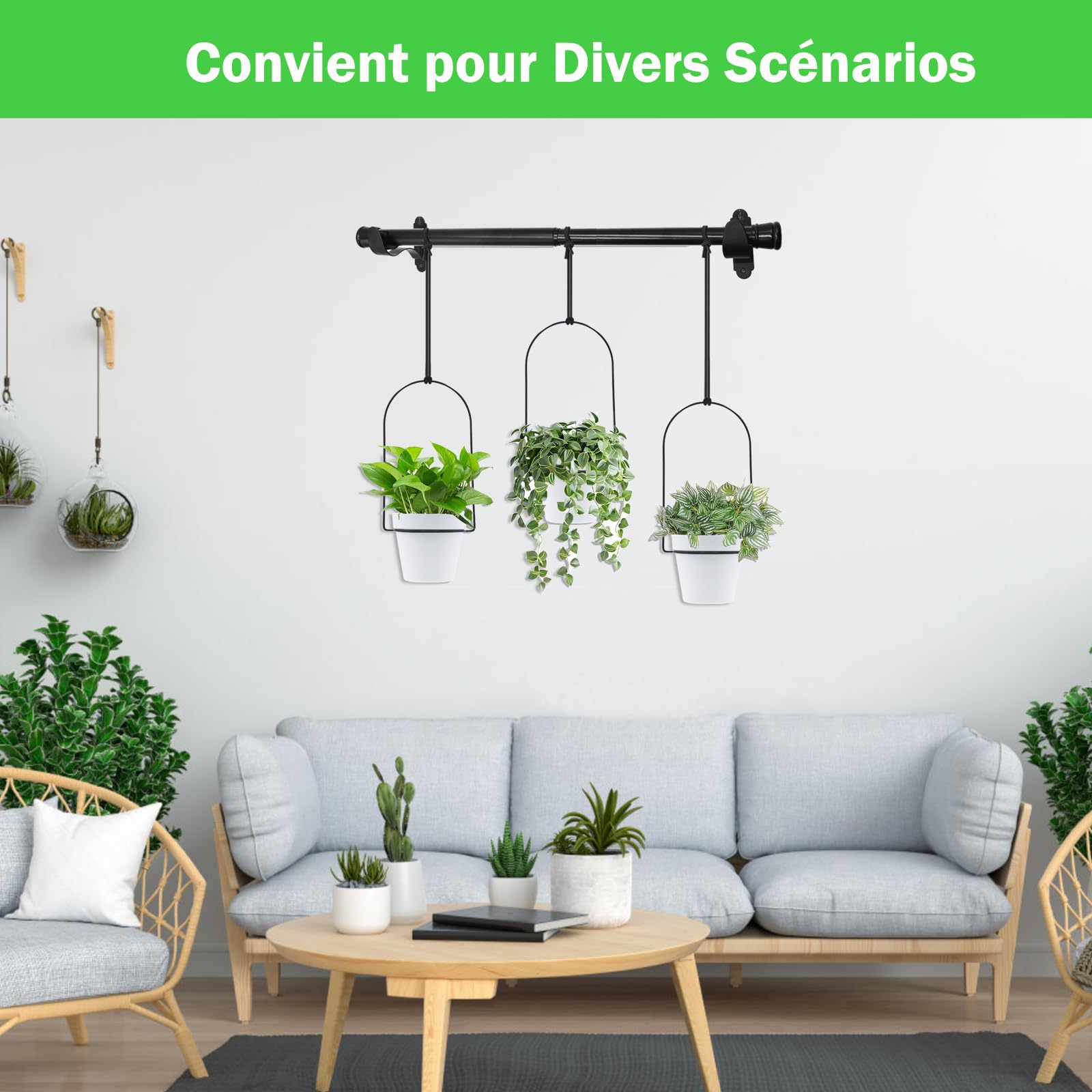 Barre de Pot de Fleurs Suspendus en Métal Réglable pour Plantes Intérieures Extérieures, 58cm Étagère de Plante Murale et Fenêtre avec 3 Pots, Tige de Support de Plante Salon Balcon Jardin