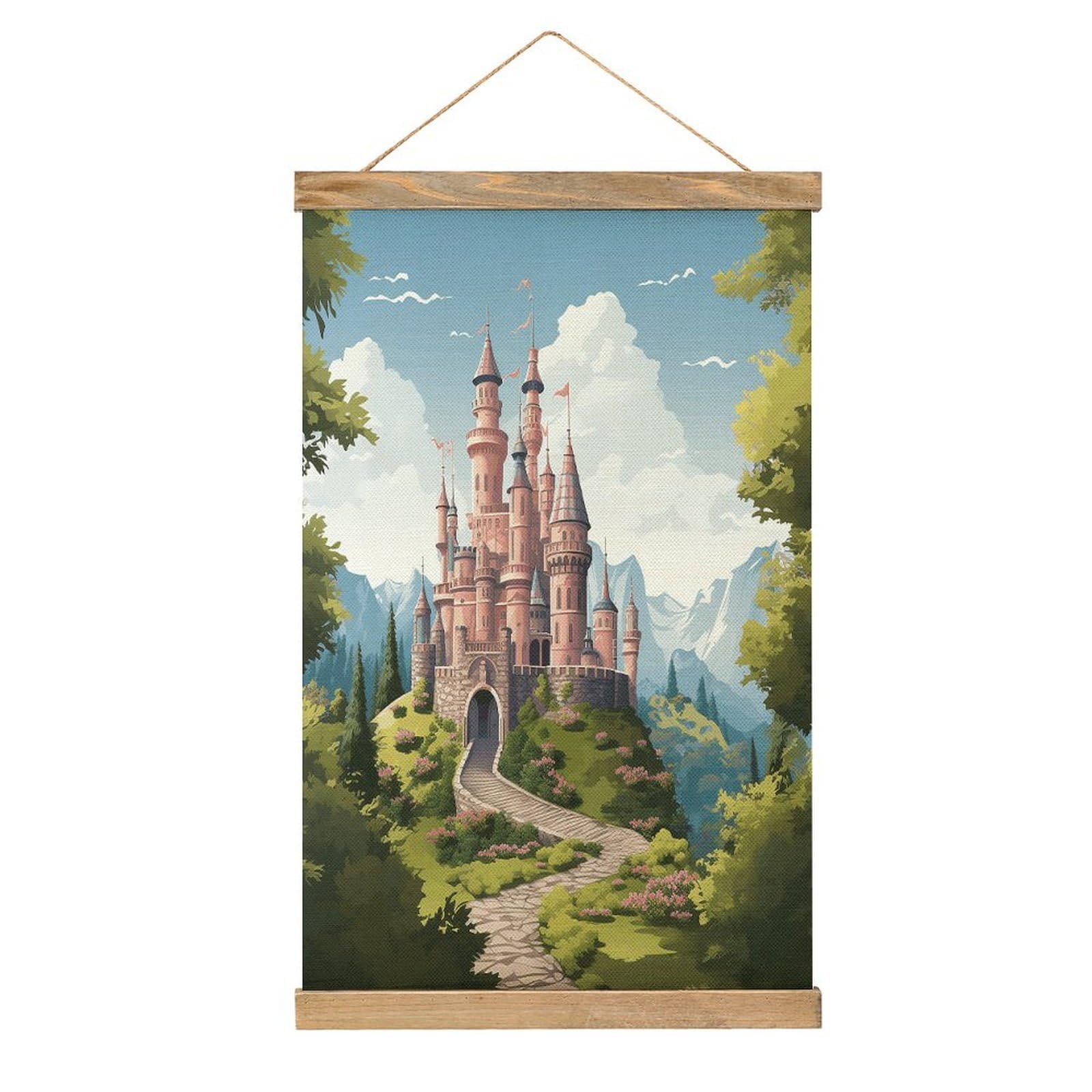 VstaDank Fairy Tale Castle Poster with Wooden Frame Hanger Art Painting Wall Decor Poster Wall Hanging Wooden Frame 13x20 Wood Poster Hanger for Photo Picture Art Canvas Print Artwork