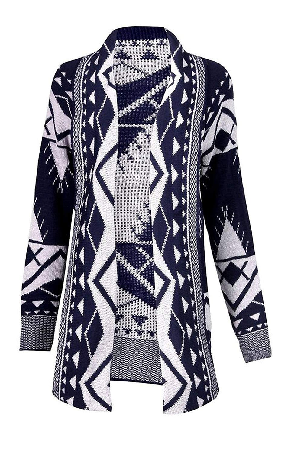 GirlzWalk@ Womens Long Sleeve Front Open Aztec Winter Jumper Top Ladies Knitted Cardigan (Navy/White, XXXL)