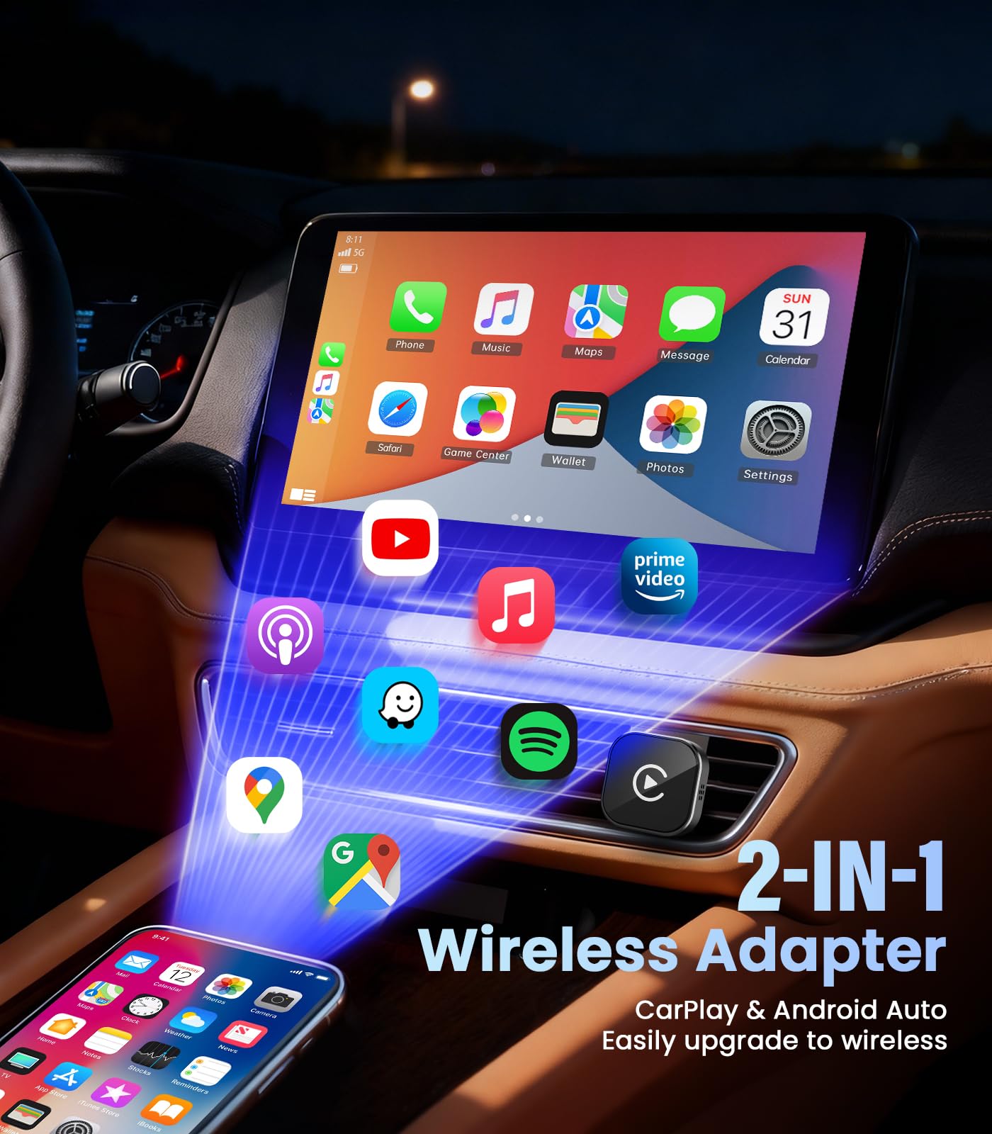 2026 CarPlay Wireless Adapter für Apple CarPlay & Android Auto, 2-in-1 Wired zu Wireless Car Play, Kompatibel iOS 10+ & Android 11+, USB-A/C, Plug & Play, Schnelle Verbindung, OTA-Updates, Schwarz
