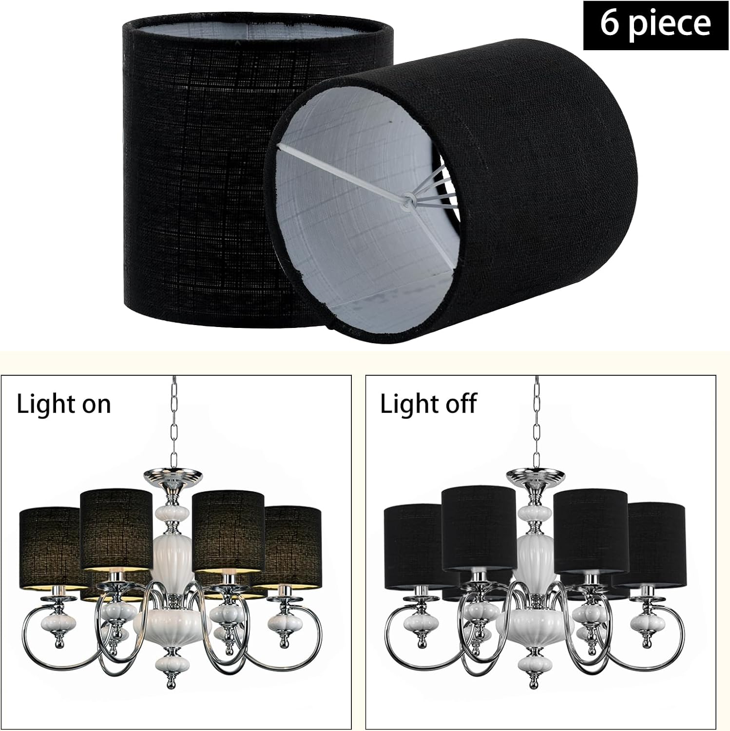 Chandelier Lamp Shades, Small Lamp Shades Clip-on Bulbs Only for Candelabra Bulbs, Black Chandelier Shades 6 Pcs, Mini Lampshades for Chandeliers 5.1" X 5.1" X 5.3, Home Decor Fabric Linen Lampshade