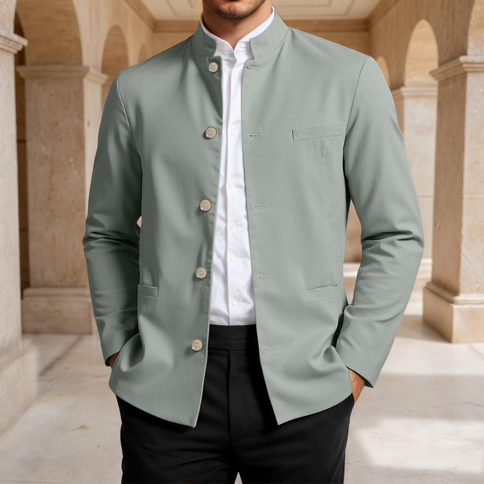 Generisch Sakko Blazer à col montant pour homme - Veste en lin fine - Couleur unie - Coupe droite - Veste en lin légère - Veste d'affaires formelle