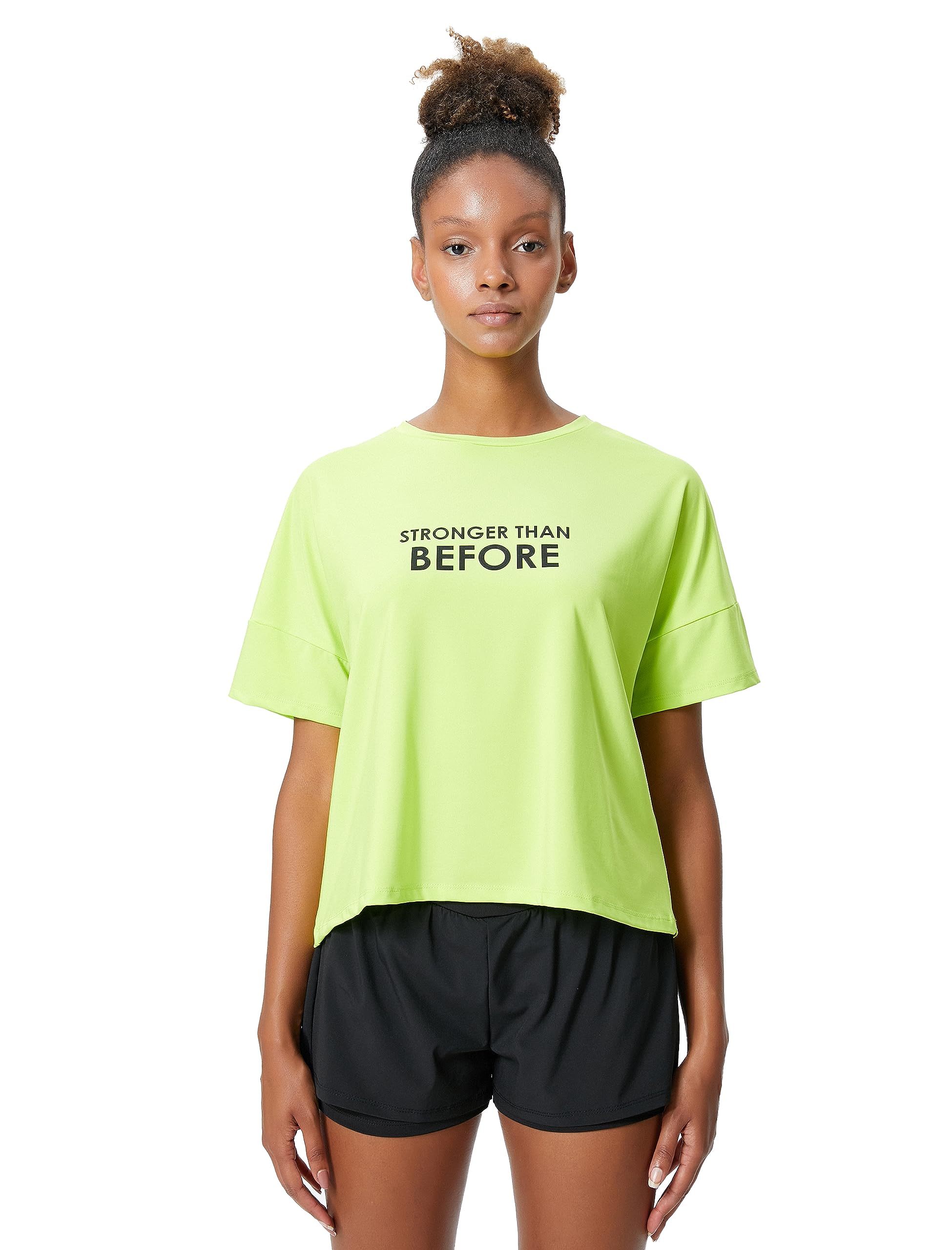 Koton Women's Yellow (186) Short Sleeve Slogan Printed Crew Neck Sports T-Shirt, Xs