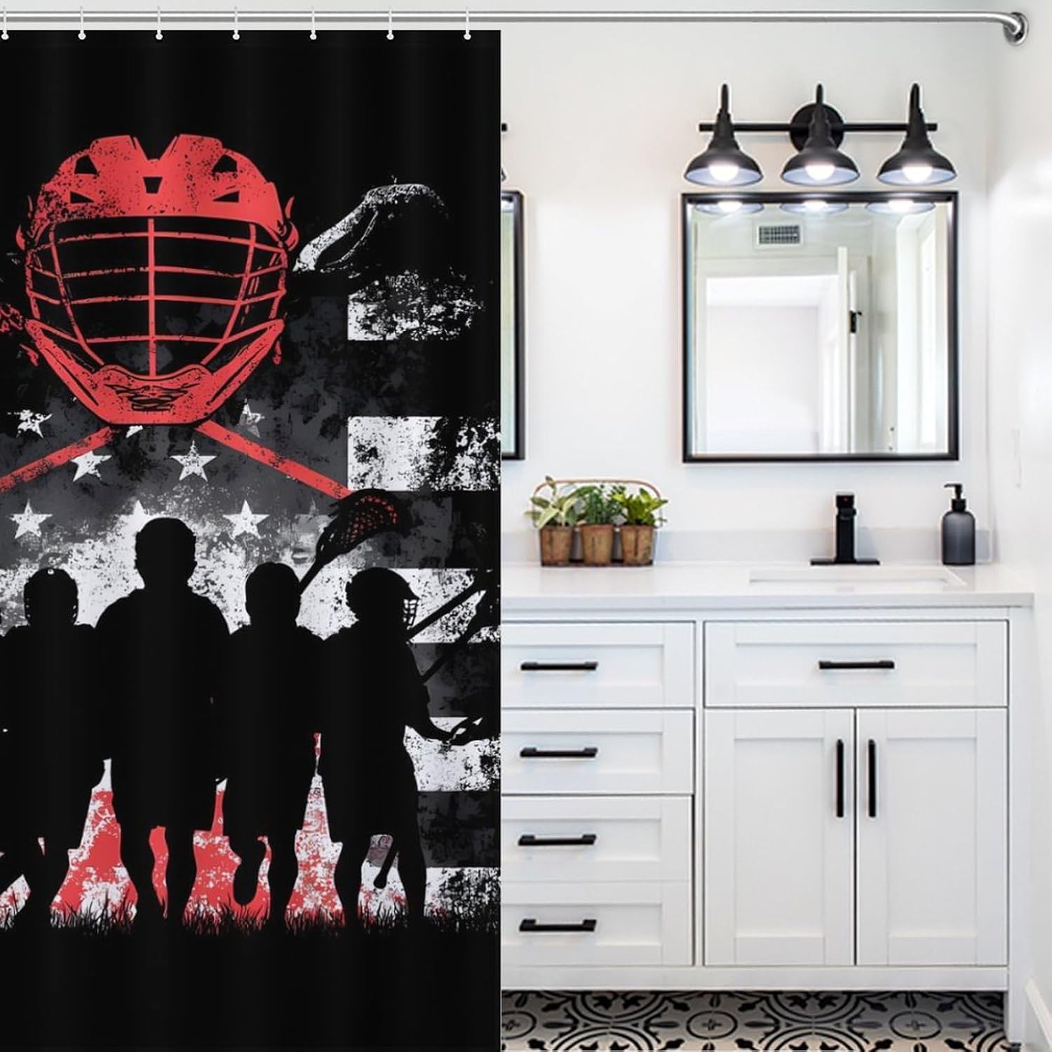 US Flag Lacrosse Shower Curtain 46.85x70.87Inch（119x180cm） Polyester Bath Curtain Shower Curtains Printed Decorative