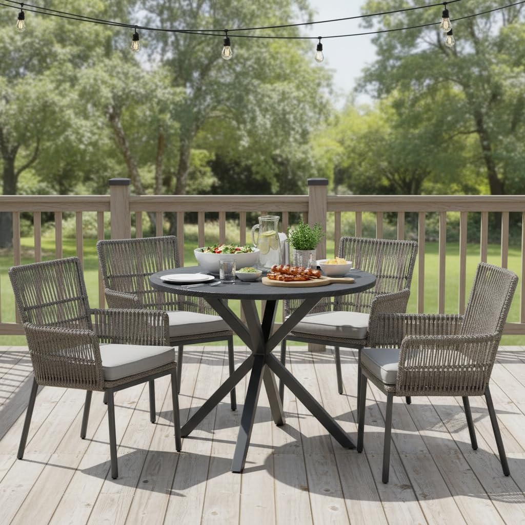 Tangkula 34-Inch Metal Round Patio Dining Table for 4, Heavy Duty Outdoor Metal Frame Dinner Table with Wood-Like Top & X-Shaped Legs, Outside Bistro Table for Deck, Balcony, Backyard, Lawn & Garden