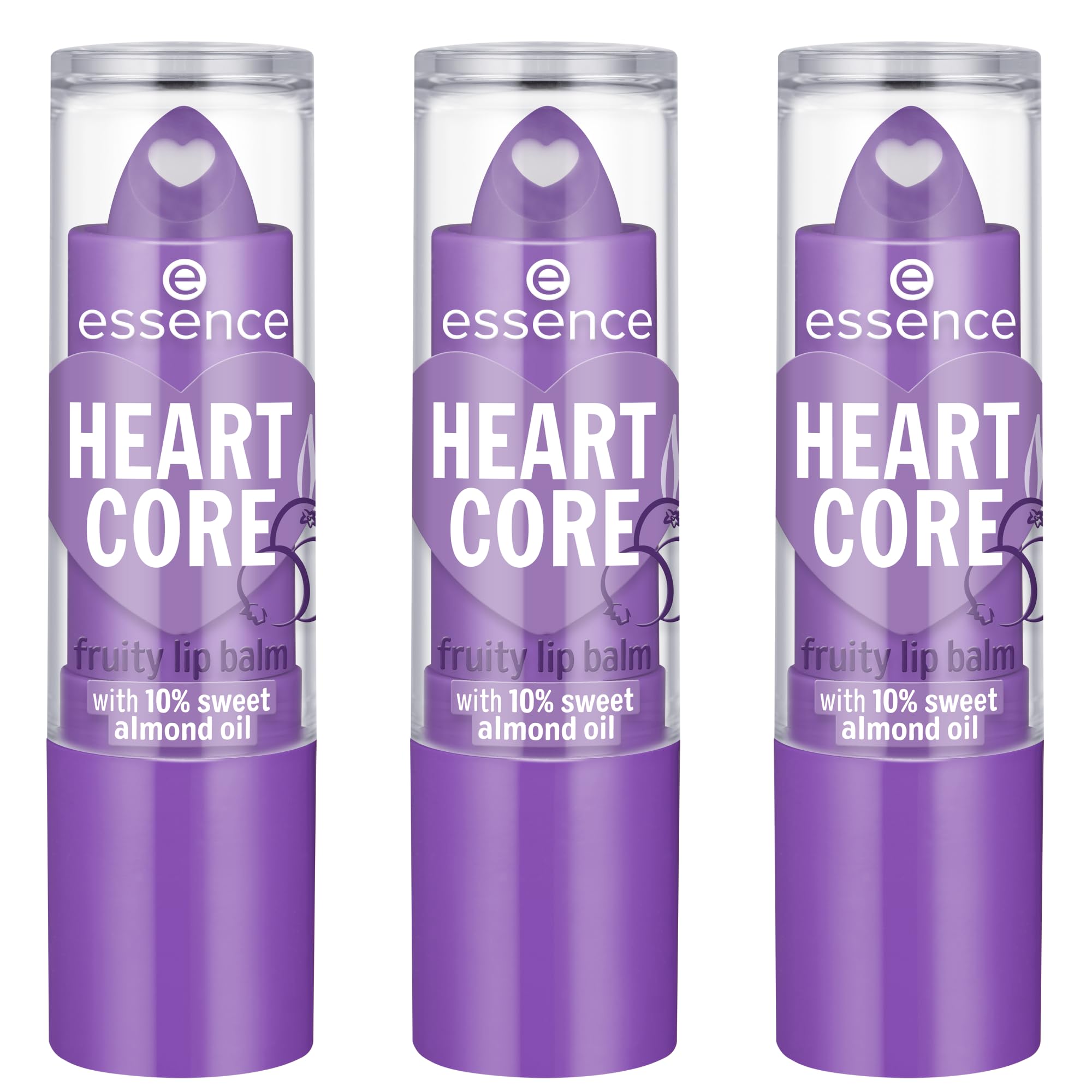 essence HEART CORE fruity lip balm, Nr. 06, Violett, glättend, pflegend, mit Ölen, natürlich, glänzend, vegan, ohne Konservierungsstoffe, ohne Parabene, ohne Mikroplastikpartikel, 3er Pack (3x3g)