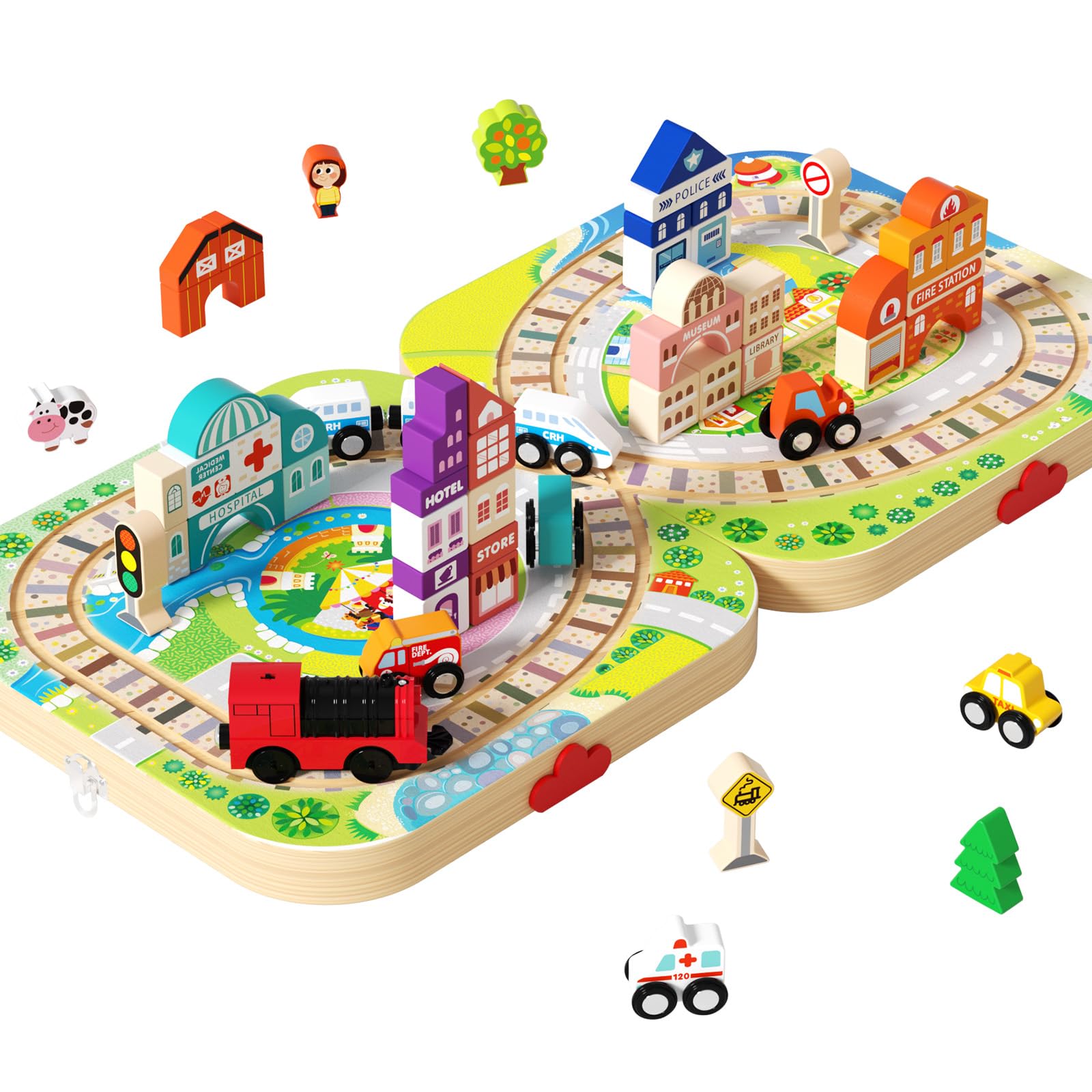 58 Pezzi Circuito Trenino in Legno, Valigetta Pieghevole di Gioco con Costruzioni Città e Auto, Gioco Educativo Montessori, Regalo Bambini 3 4 5 6 Anni