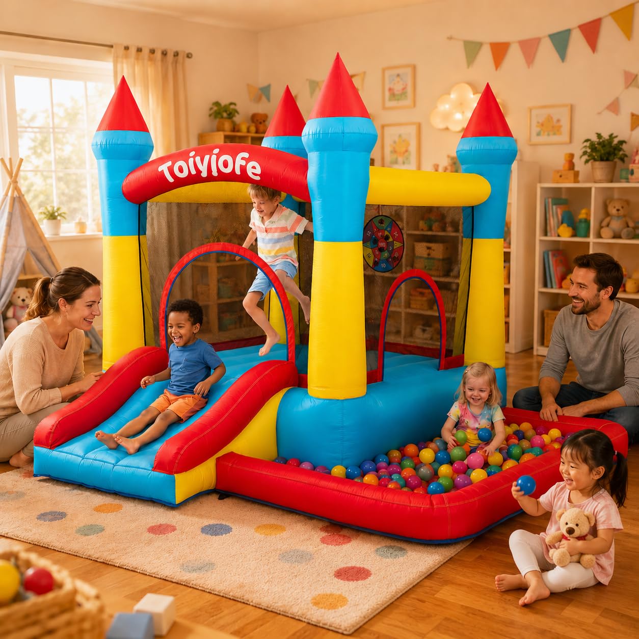 Condition photo showing New/Like New for bounce house for kids 3-6, with slide & ball pit & hoop, 5-in-1 small indoor outdoor inflatable bouncy castle, toddler jump house for backyard family home birthday party, includes 370w blower