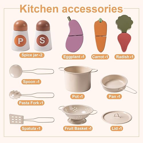 Miniatura 3 de ROBUD Juego de cocina de madera para niños, juego de juguetes de cocina con grifo dorado, fregadero, horno, estufa, gabinete, estilo vintage, regalo