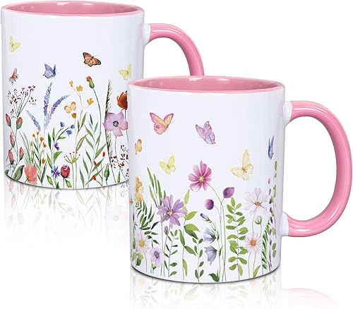 Whaline 2 tazas florales con asa de 12 onzas con diseño de mariposas silvestres y flores silvestres, taza de regalo de primavera y verano para