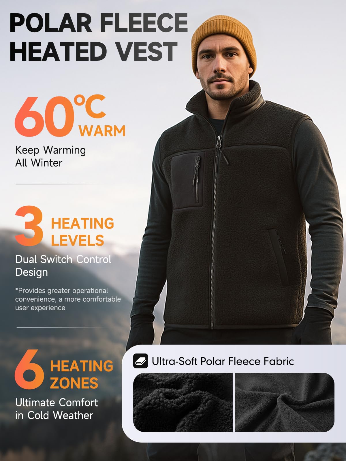 LABEWVI Gilet chauffant, veste chauffante homme avec batterie incluse, 10000mAh polaire blouson chauffant T3
