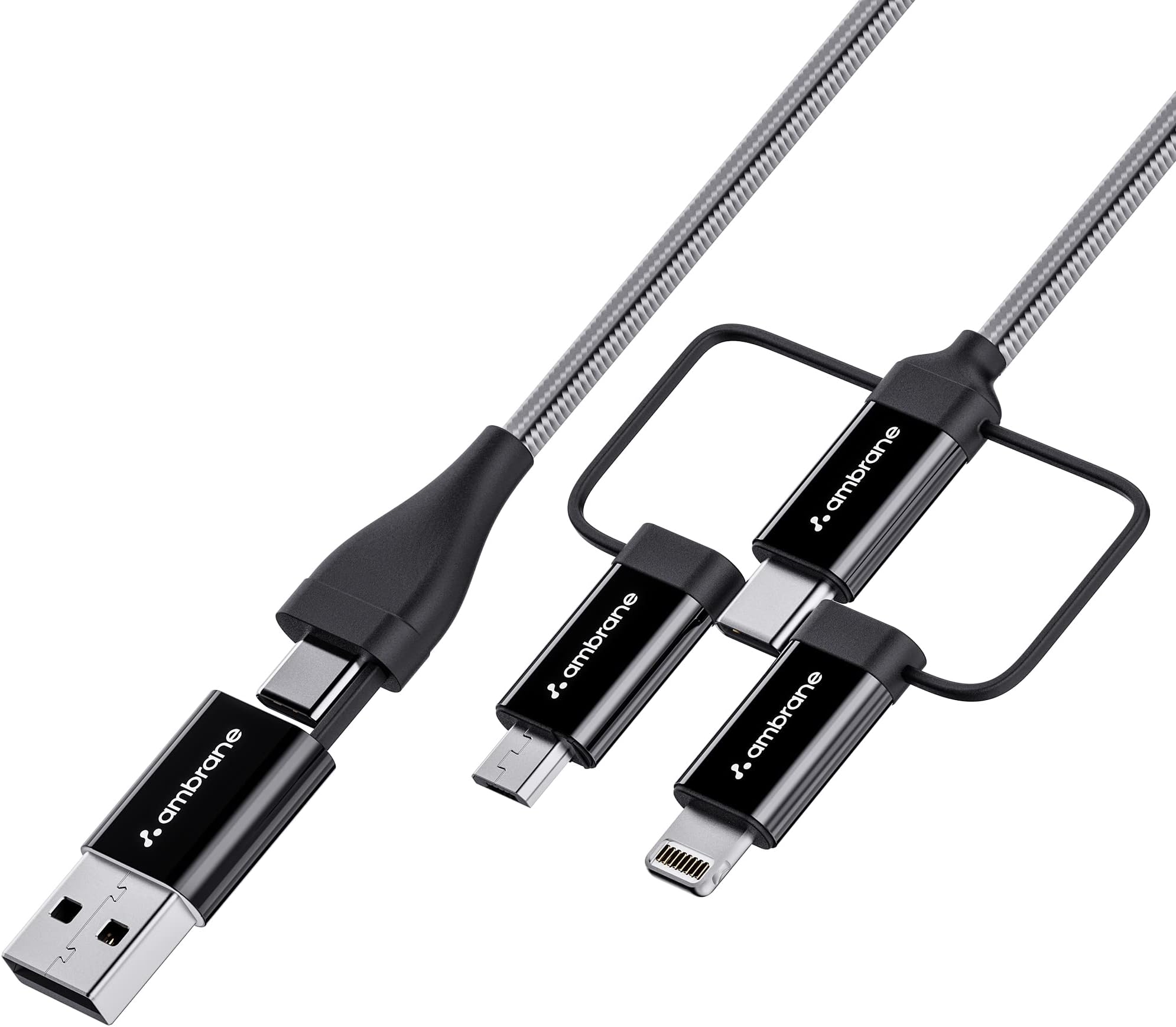 Ambrane 6-in-1 60W Fast Charging Cable with Micro, Type C & iPhone Support, Compatible with all devices, PD Technology, Data Transmission, Unbreakable Braided, Tangle Free 1.5m(Hexa15, Black)