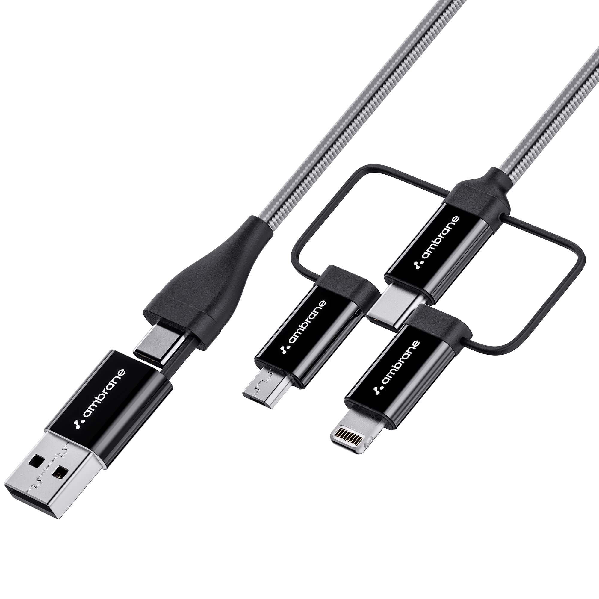 Ambrane 6-in-1 60W Fast Charging Cable with Micro, Type C & iPhone Support, Compatible with all devices, PD Technology, Data Transmission, Unbreakable Braided, Tangle Free 1.5m(Hexa15, Black)