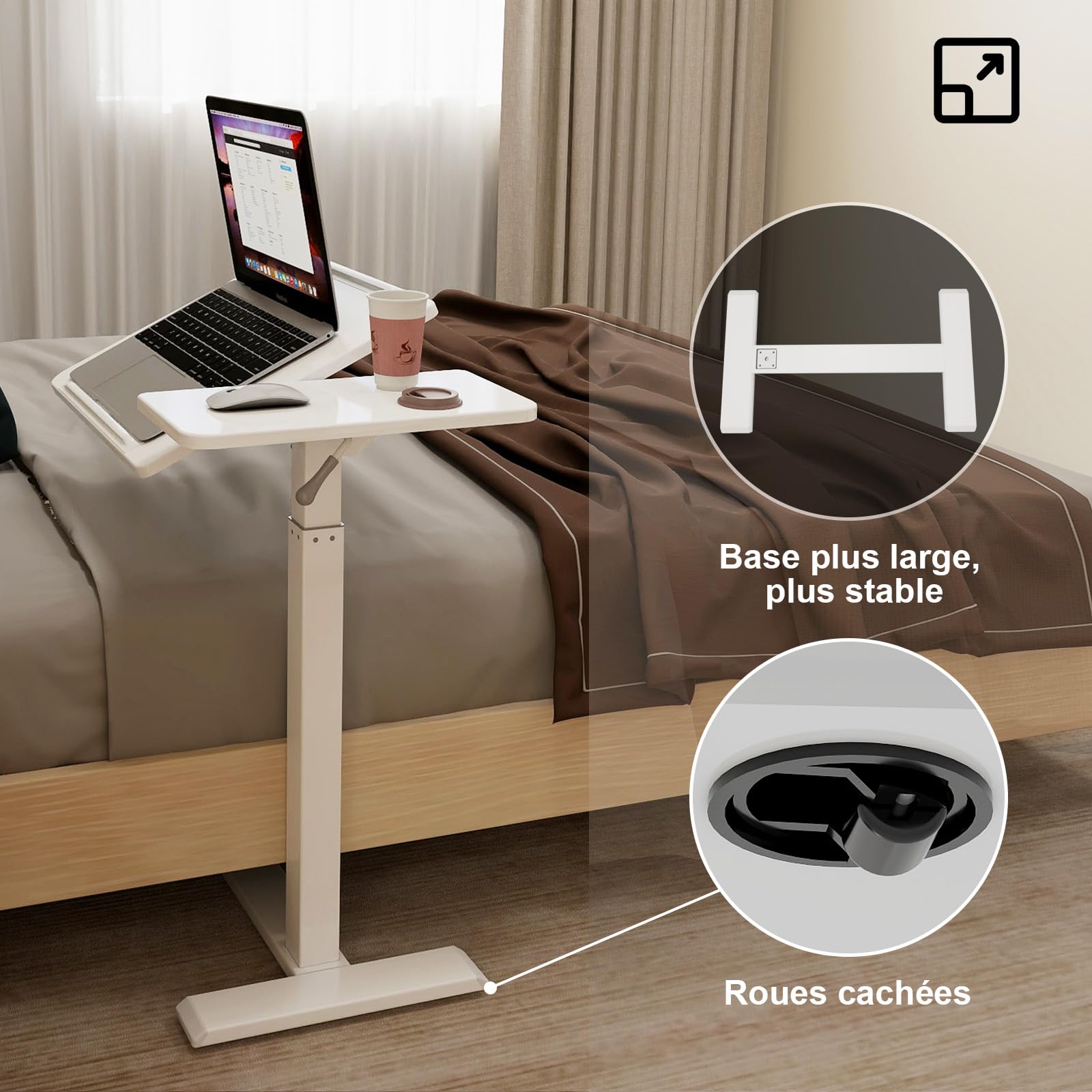 PUNCIA Table de Lit avec 4 Roues Cachées 68x40CM Bureau Debout (Blanc) | Mobile Médical Table d'Appoint Hopital Réglable en Hauteur 70-102cm pour Ordinateur Portable pour Chambre Salon Canapé