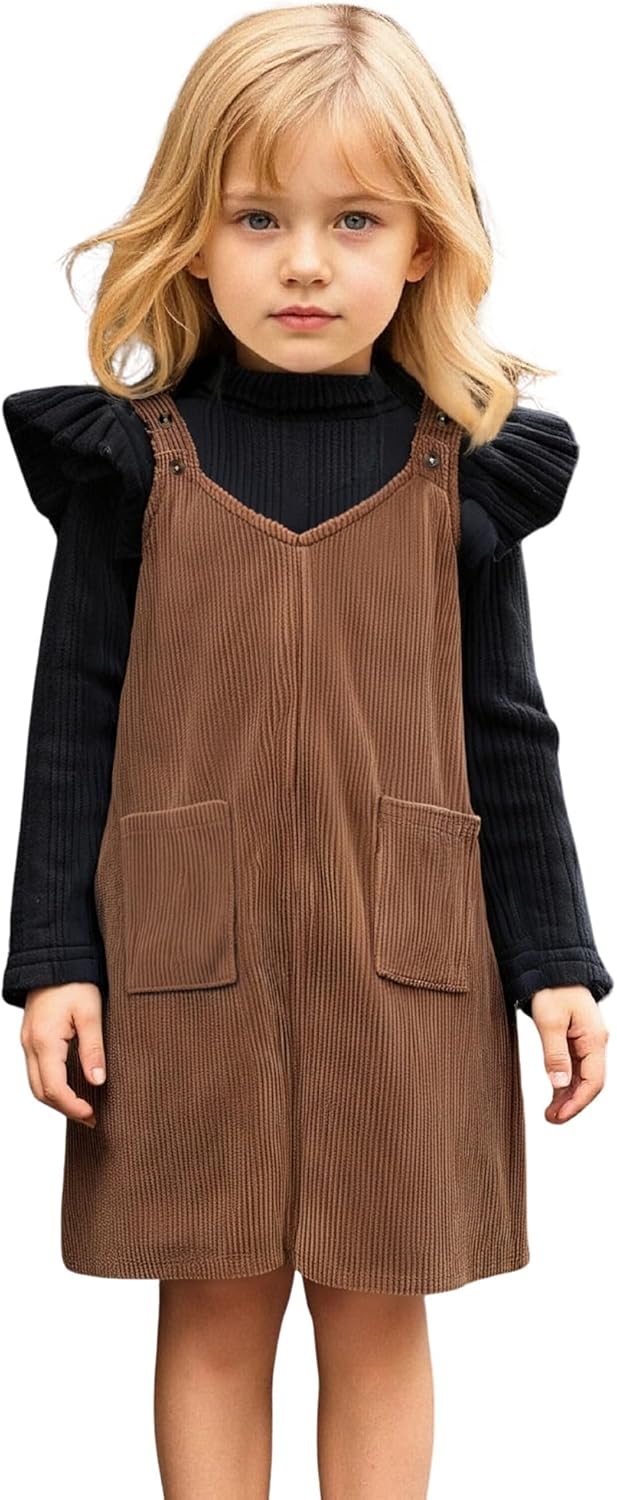 HINTINA Toddler Girl V Neck Corduroy Pinafore Overall Dress Set 2-7 Years