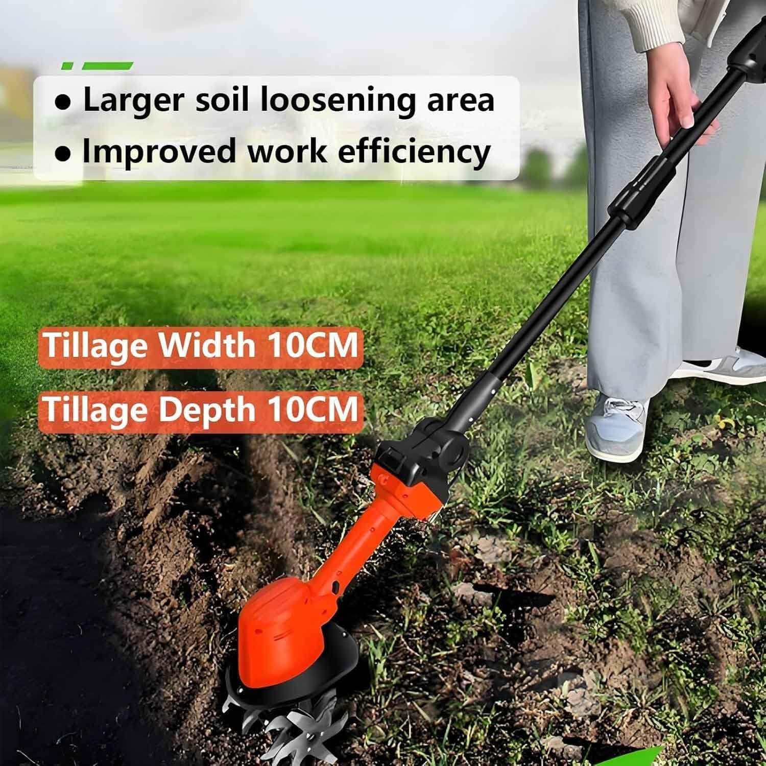 Mini coltivatore elettrico senza fili da 21 V, con 4 file di denti, 2 batterie da 1,5 Ah e caricabatterie, leggero, 1,5 kg, larghezza di lavoro 10,2 cm per giardinaggio senza sforzo