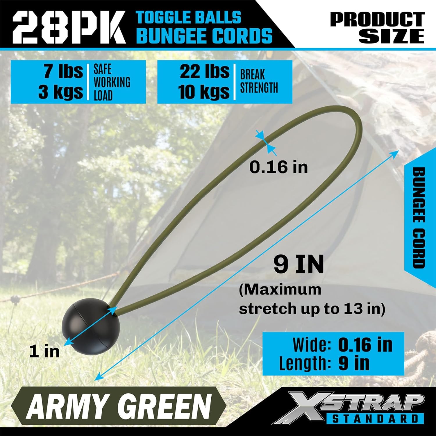 XSTRAP STANDARD 28 Pack Heavy Duty 9 Inch Ball Bungee Cords, Tarp Tie Down Bungee Balls for Canopy, Tent, Cargo, Wires & Hoses in Army Green
