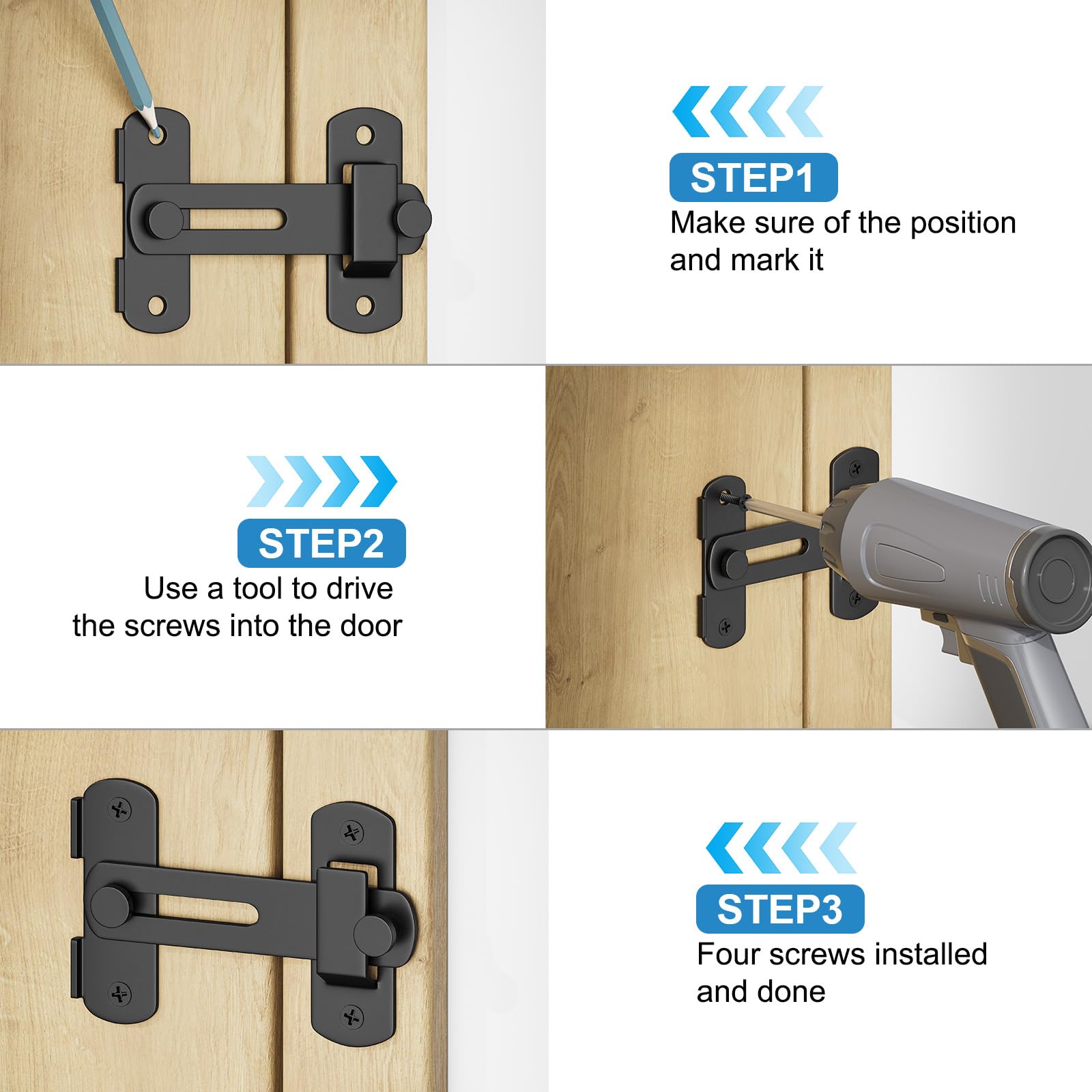 SMARTSTANDARD Barn Door Lock, 180 Degree Flip Sliding Door Latch, Matte Black Steel Gate Latch Hardware, Security Hook Door Lock for Bedroom, Wooden Fence, Pocket Door, Cat Door (Black, 1PCS) 4
