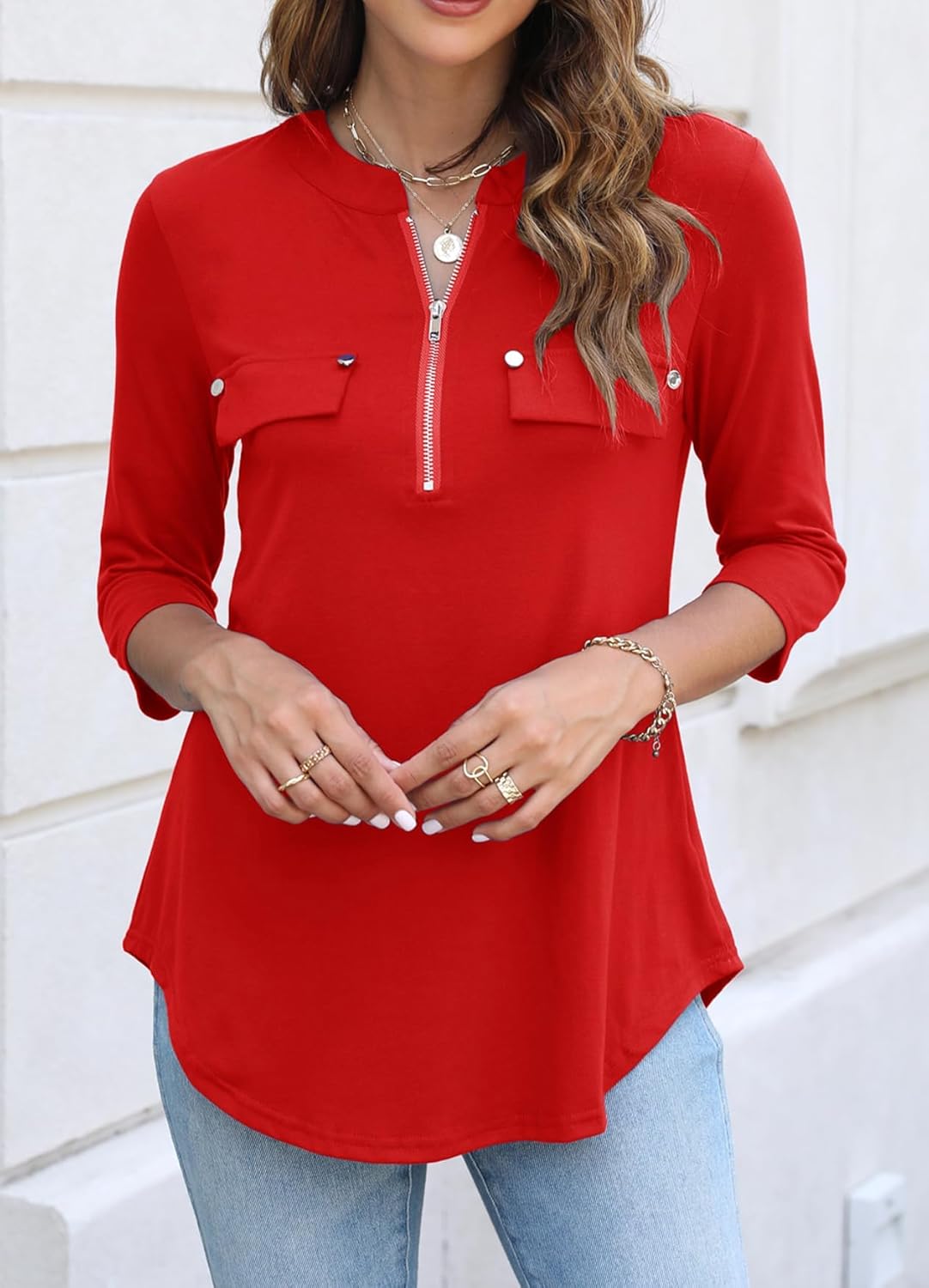 Halife Women's 3/4 Length Sleeve V Neck Flowy Tunic Blouses Work Tops Shirts with Zippers - Image 3