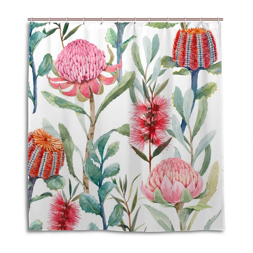 Rideau de douche en polyester lavable motif fleurs roses pour salle de bain 183x183