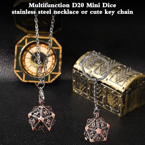 Miniatura 5 de Syhood Juego de dados pequeños, 7 piezas de dados pequeños de metal, collar hueco D20, estuche de dados, llavero, juegos de mesa para juegos de rol,