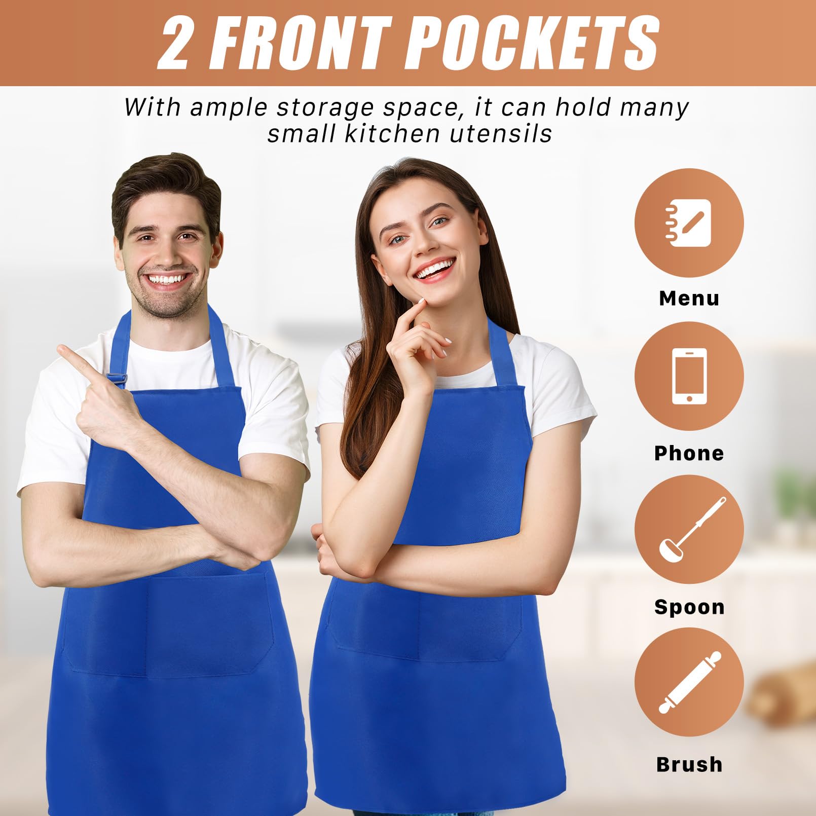 24 grembiuli regolabili vuoti, unisex, blu tinta unita, con 2 tasche, per adulti, cucina, barbecue, grigliate, forno, lavabili in lavatrice, blu, 60,5 x 71 cm