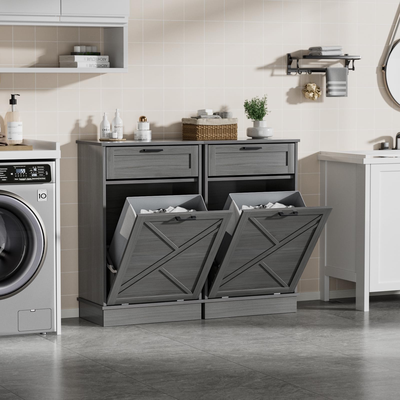Meuble Poubelle avec Tiroir Armoire à Poubelle Inclinable 37L, Bois, Gris