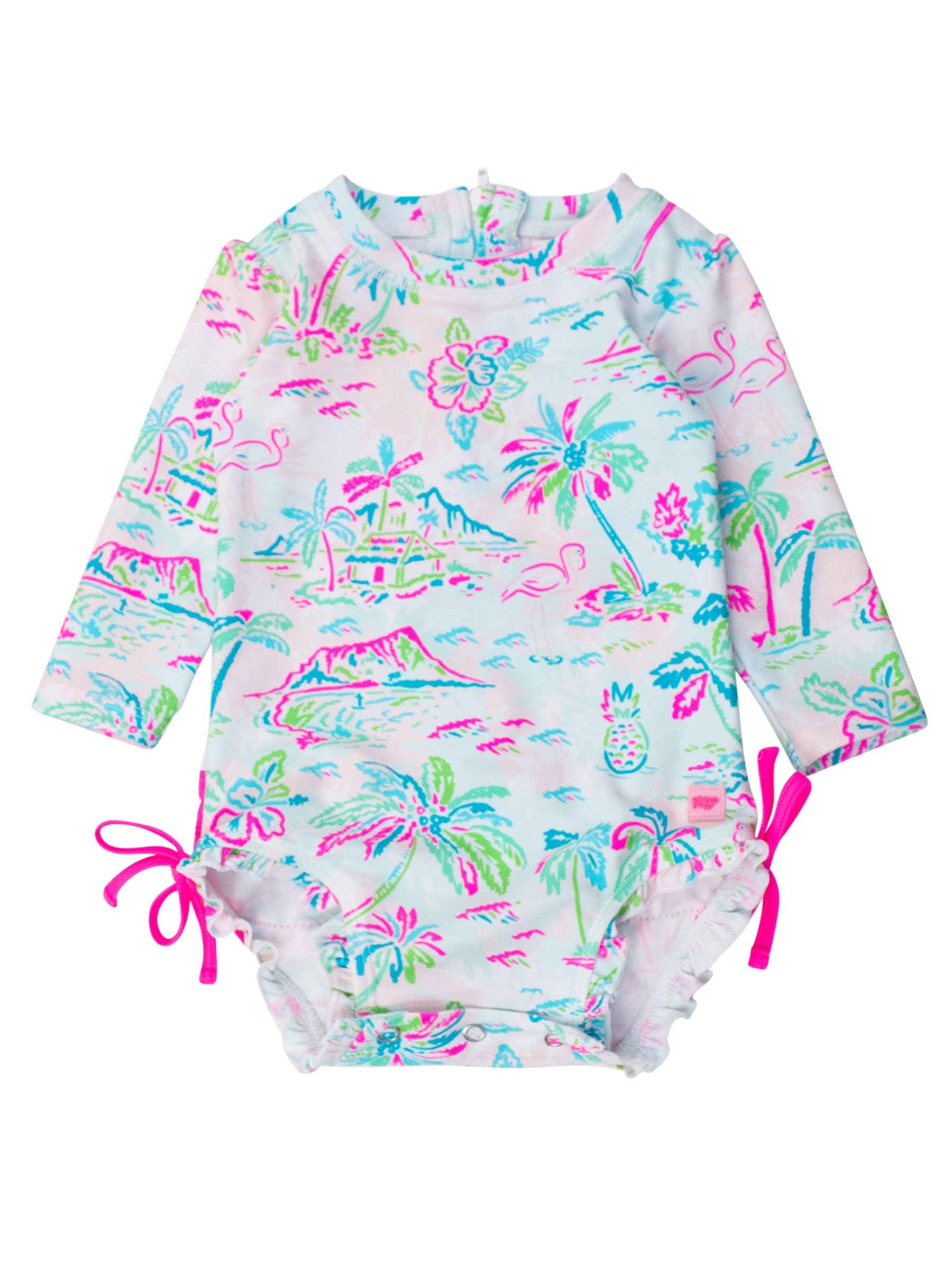 RuffleButts Baby Girls Novelty Baby One Piece - Rash Guard Swimsuit | 80% Nylon 20% Spandex, UPF 50+, Lightweight, Medium Stretch, Full Seat Coverage, Bottom Snaps, Unlined, Infant Beach Swim