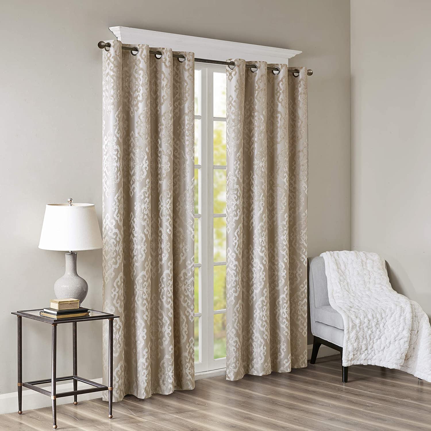 SunSmart Tenda Oscurante 100% Totale, per Finestra Singola, in Tessuto Jacquard Damascato, con Occhielli nella Parte Superiore, Poliestere, Champange, 127 x 274,3 cm (Larghezza x Lunghezza),