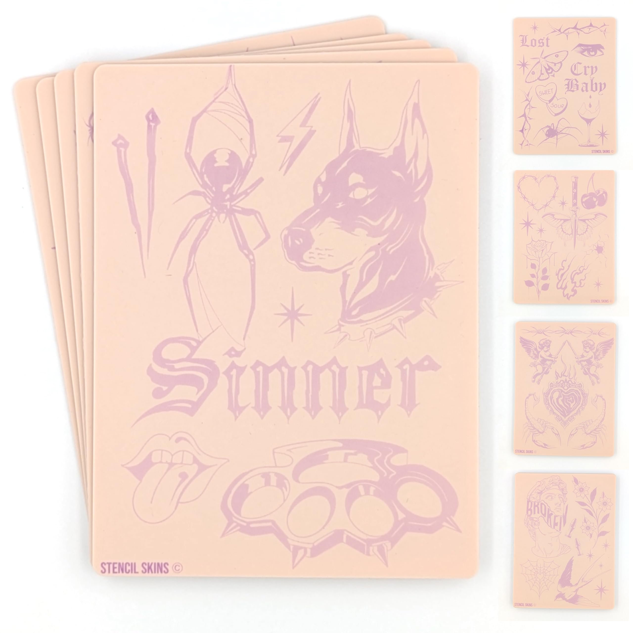 Stencil Skins Pre Printed Tattoo Practice Skin Set Patchwork 5 Mixed Motifs Patchwork Set, 3mm Silicone Fake Skin - Image 2