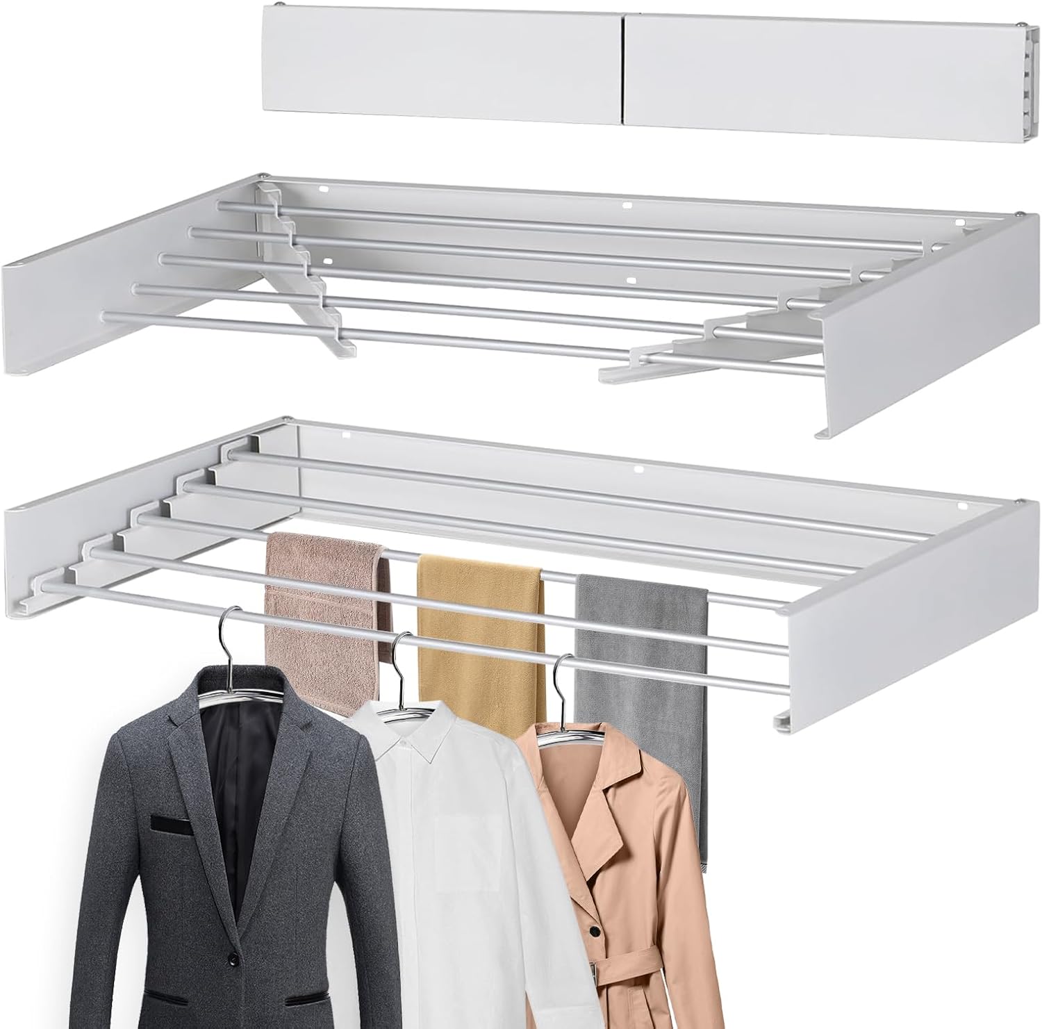 Wall Mounted Clothes Drying Rack 31.5", Laundry Drying Rack Collapsible, Towel Drying Rack, Laundry Racks for Drying Clothes with Wall Template for Indoor Outdoor Organization 60 lb Capacity