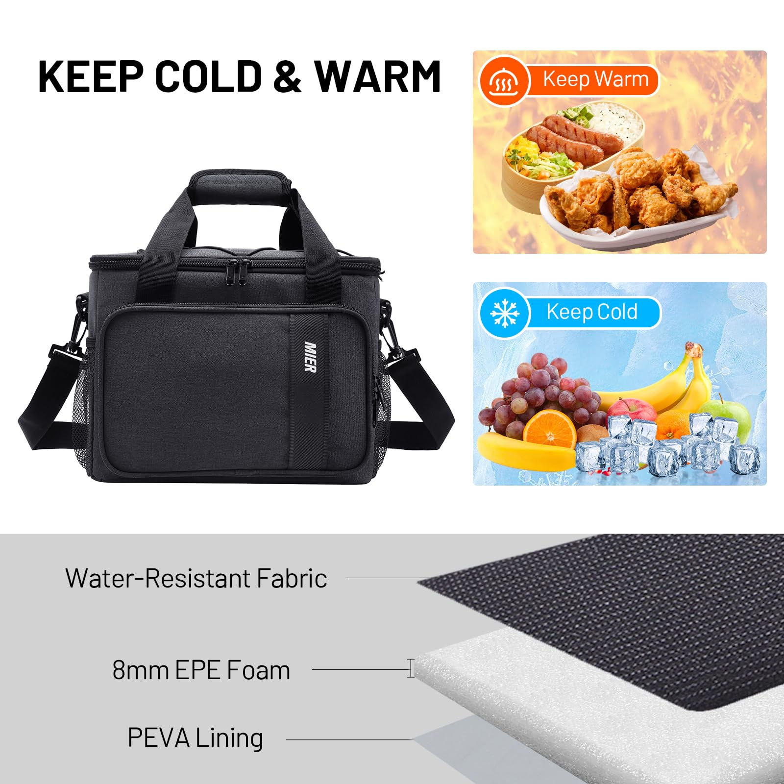 MIER Borsa termica termica per uomini e donne, 24 lattine di grandi dimensioni, borsa per il pranzo a prova di perdite, borsa frigo per il lavoro, i viaggi, il picnic, grigio scuro