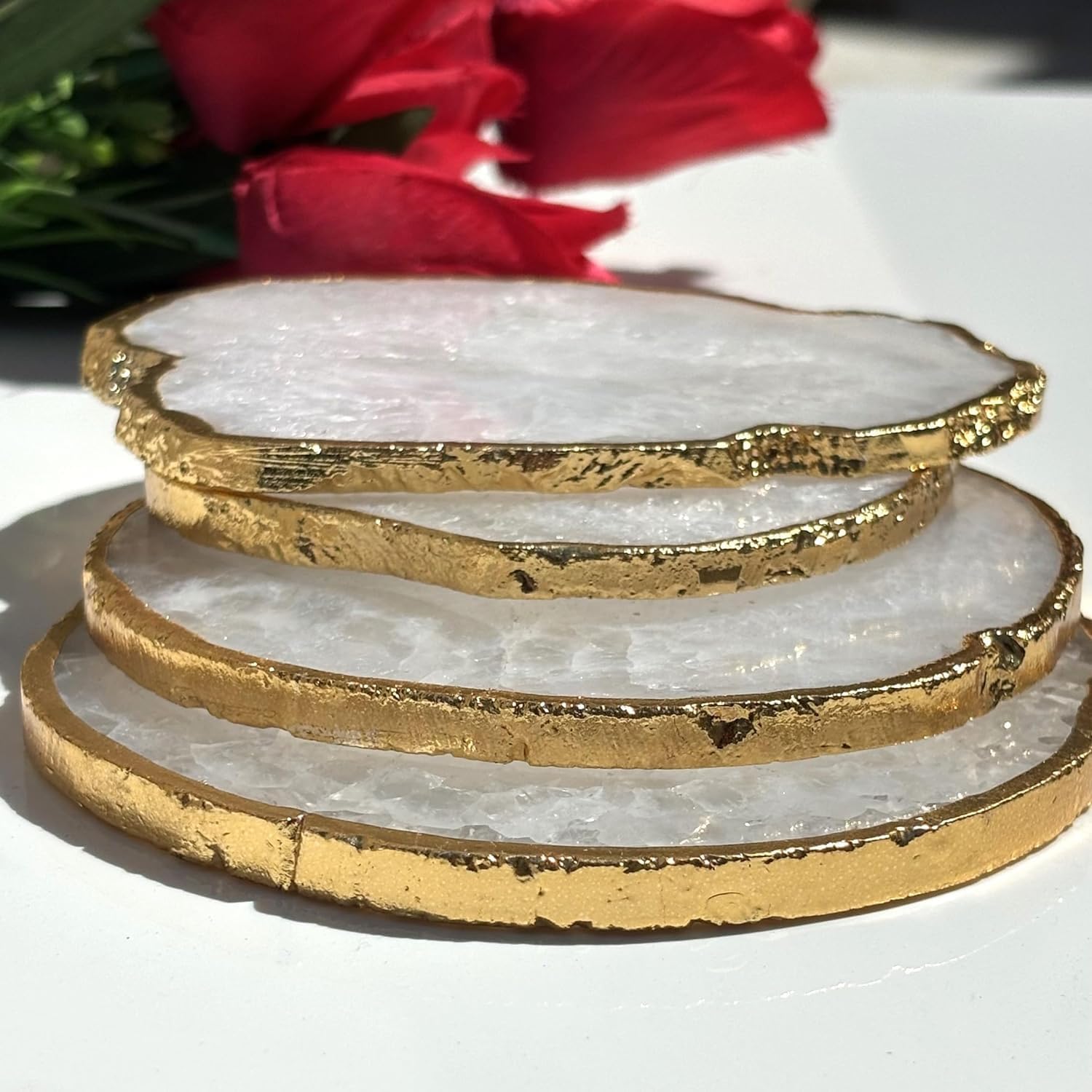 White Agate Coasters with Gold Edge – Set of 4 Natural Sliced Agate Stone Coasters (4–5 Inch) Decorative White Crystal Coasters for Drinks, Home Decor & Gifting