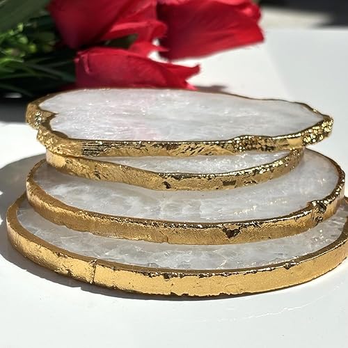 Miniatura 3 de White Agate Coasters with Gold Edge – Set of 4 Natural Sliced Agate Stone Coasters (4–5 Inch) Decorative White Crystal Coasters for Drinks, Home