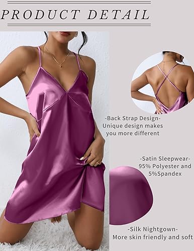 Miniatura 4 de Ekouaer Camisón de satén de seda para mujer, ropa de dormir, vestido de lencería de seda, mini camisón de seda S-XXL