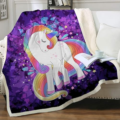 Sleepwish Manta de cristal de unicornio Sherpa, manta de unicornio violeta brillante, manta de unicornio para niñas y mujeres, súper suave y cálida
