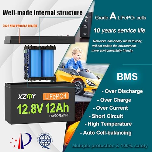 Miniatura 2 de XZNY Batería compacta de litio de 12 V 12 Ah, batería recargable de 12 V de ciclos profundos LiFePO4 Batería integrada de 10 A BMS, batería de 12