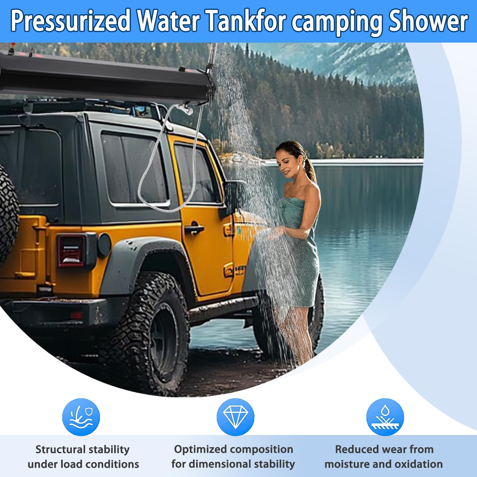 Doccia Portatile per Tetto con Serbatoio d'Acqua Pressurizzato, Doccetta e Tubo Regolabili per Campeggio Fuoristrada, SUV, Camion, Camper e Avventure all'Aperto