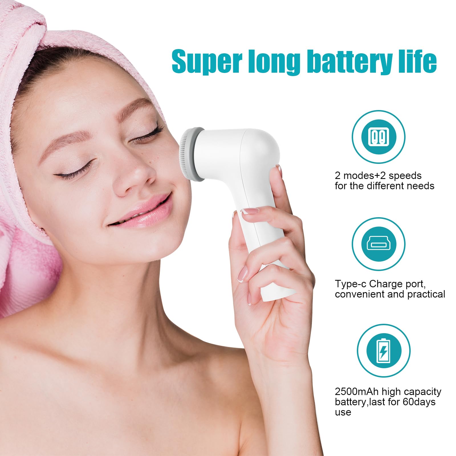 MYCARBON Elektryczna szczotka do oczyszczania twarzy IPX7, wodoszczelna, do wielokrotnego ładowania, 2500 mAh, z głowicą szczotkową 2 × 360°, do złuszczania skóry, głębokie oczyszczanie, czysta biel