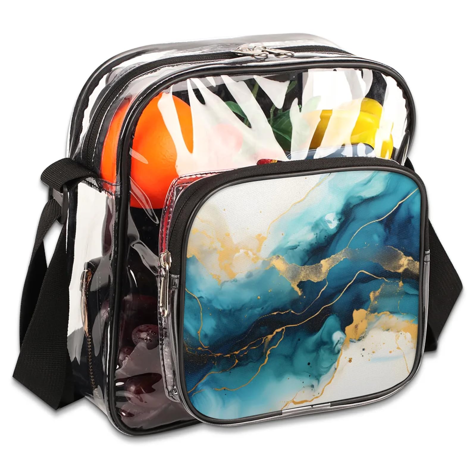 Clear Crossbody Bag Stadium Approved Luxurious Fluid Design Transparent Bag for Festivals, Sports Events, Concerts,Beach Bag for Women Men Gold Glitter Clear Purse with Front Pocket Messenger Bag