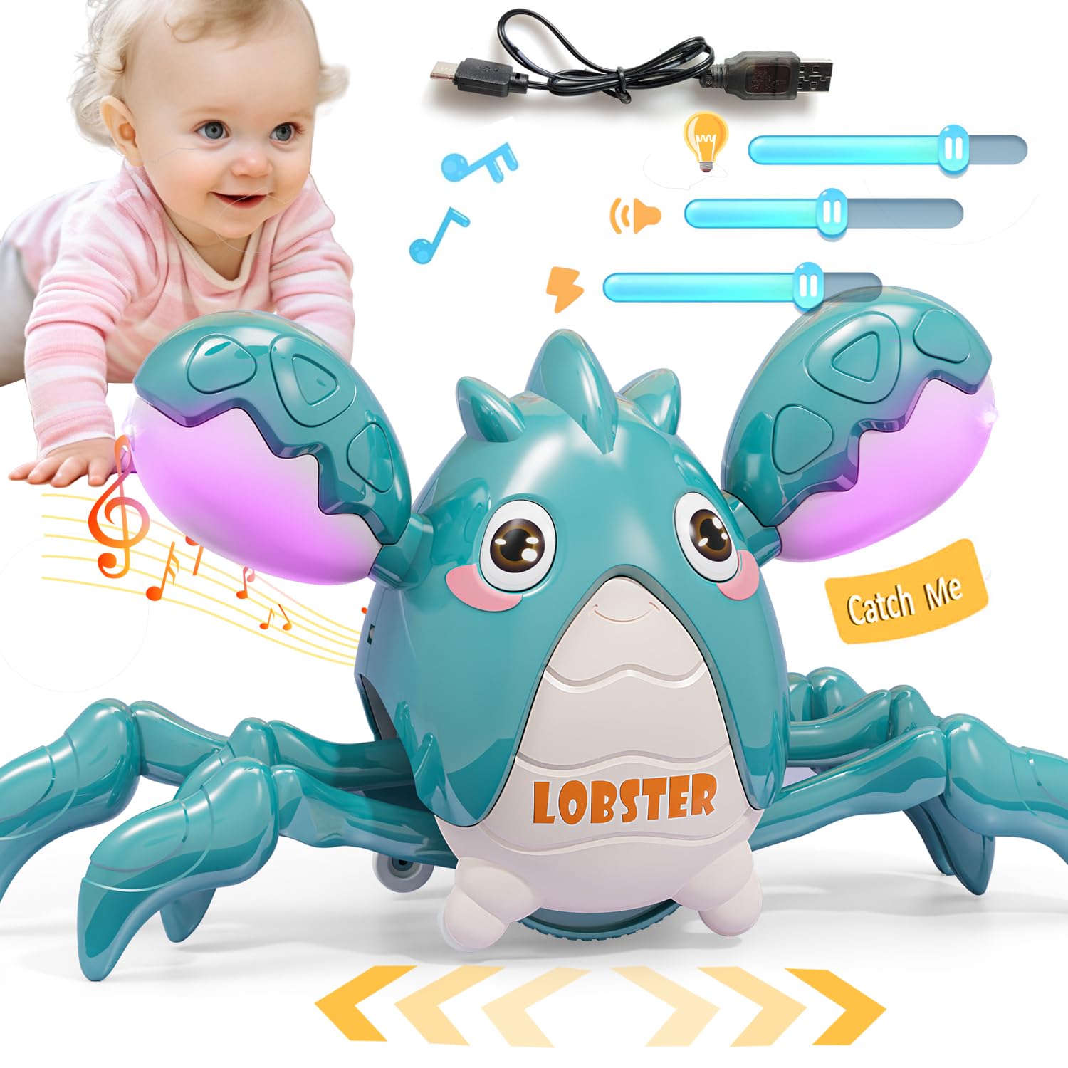 Gzsbaby Musical Baby Toy -Crawling Lobster Toy Sensory Tummy Time Toys for Boy Girl, Light-up Walking Dancing Moving Toys Learning Development Infant Toddler Birthday Gifts (Green)