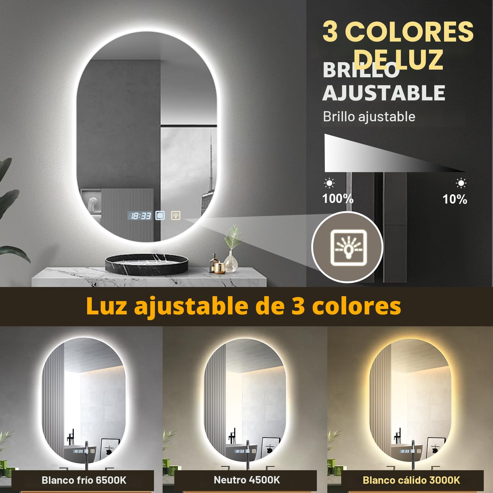 Sararoom Espejo Baño con Luz 75×50cm, Luces de Baño Espejos de pared con Reloj, Función Antivaho, 3000K/4000K/6500K, Regulable, Memoria, Cristal Templado HD, IP44 Espejos de Tocador LED Retroiluminado