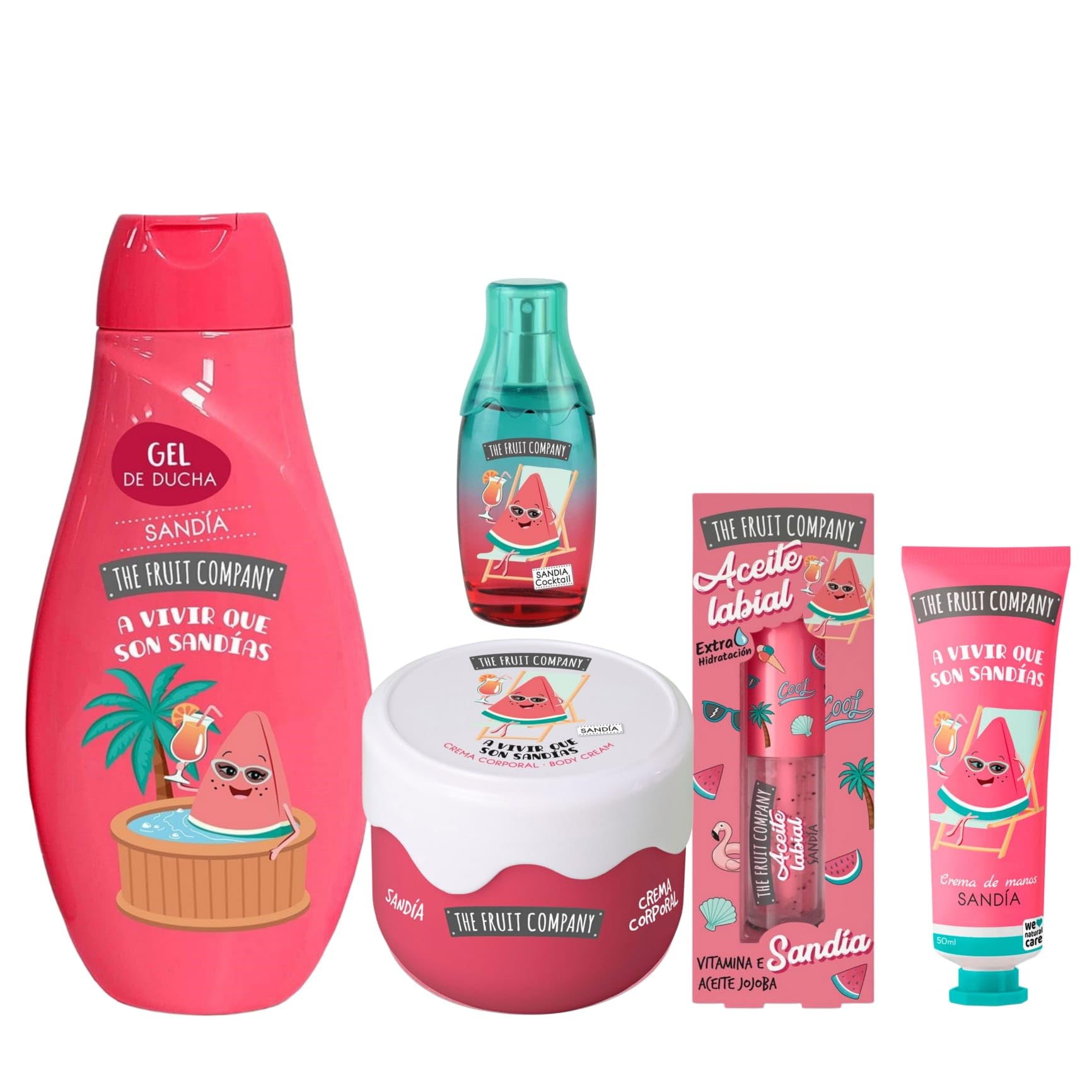 Pack Completo de Belleza The Fruit Company con Aroma a Sandía: Champú Hidratante,Brillo Labial, Crema de manos, Colonia y Crema corporal - Regalo con el Dulce Encanto de la Sandía