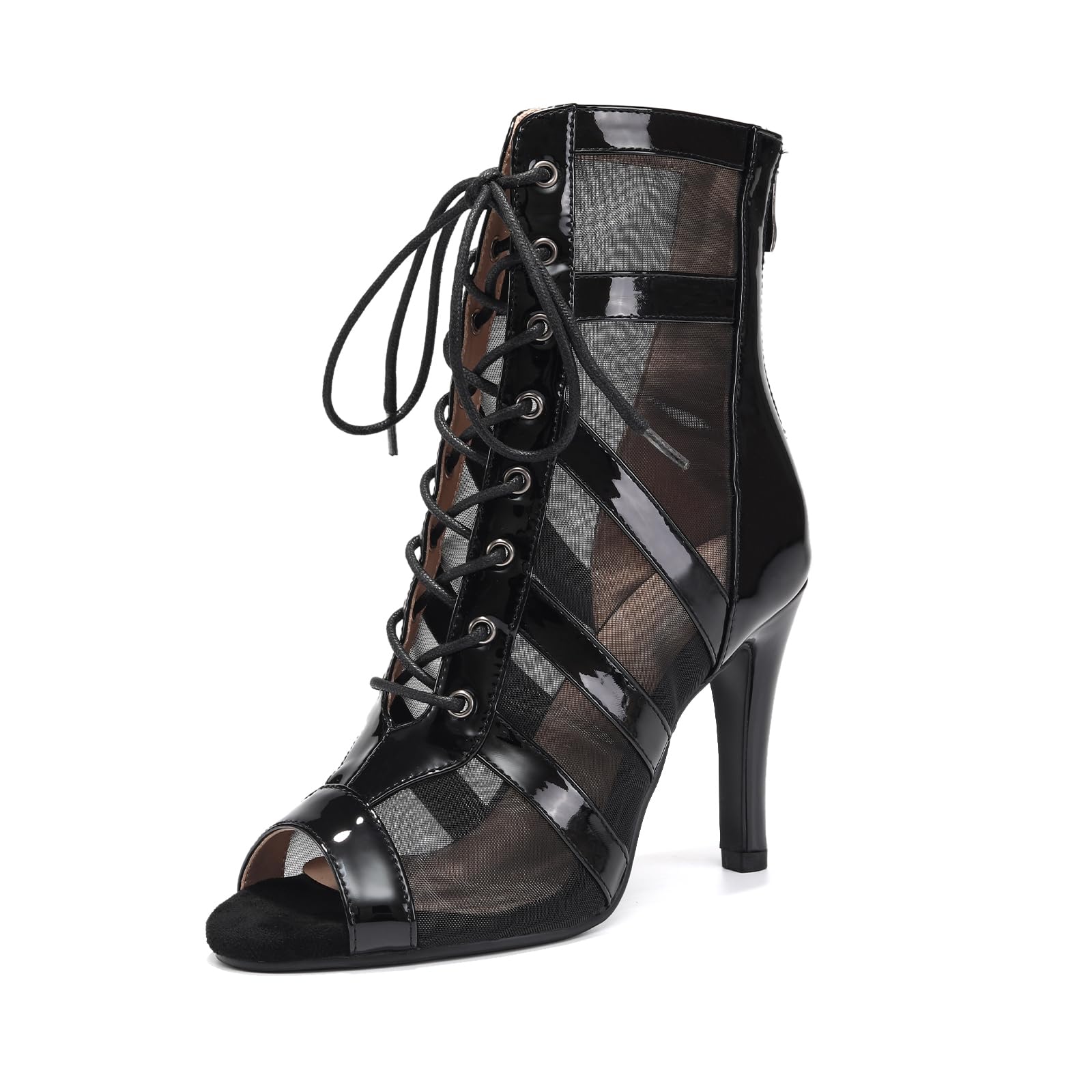 Stivali da Ballo Latino Americano Donna Punta Aperta Allacciati Stivali da Ballo Salsa e Bachata con Tacco 9.5cm